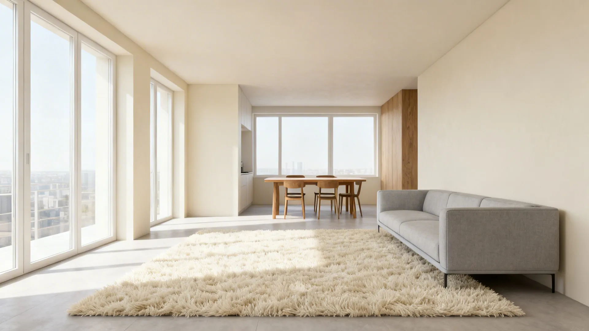 Modern living room with grey sofa white rug wooden dining table and large bright windows