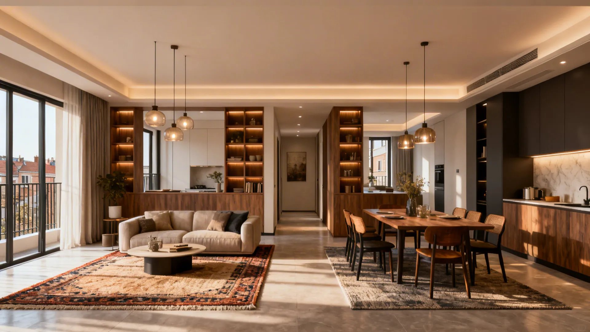 Open-plan living and dining area with rugs and half-height storage creating visual zones.