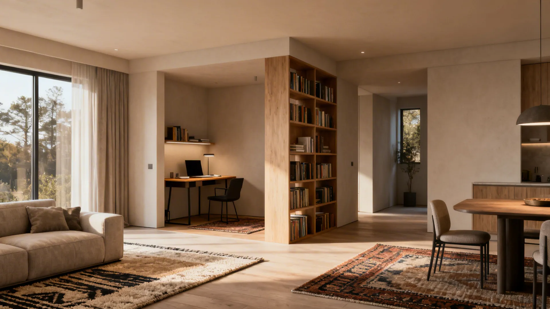Open-plan living space with distinct lounge, dining, and workspace zones defined by rugs and furniture