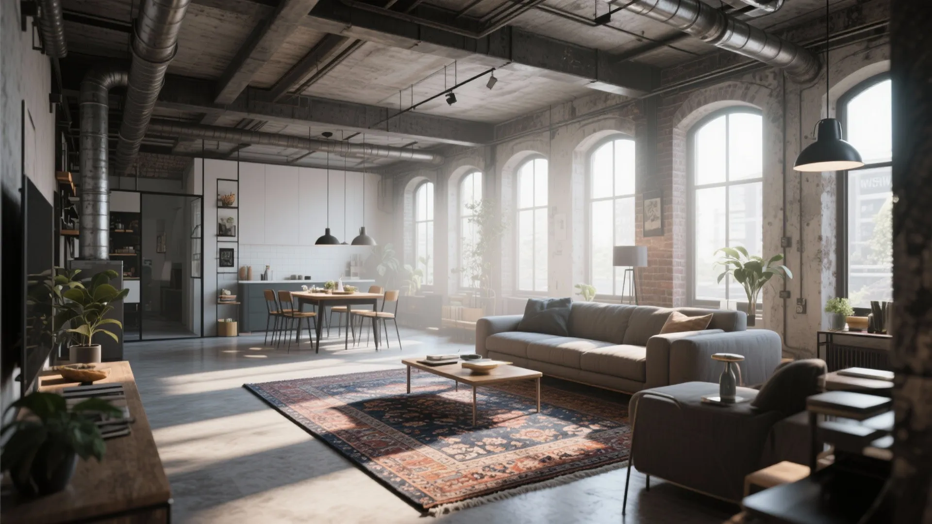 Industrial loft living room with grey sofa patterned rug dining table brick walls and natural light