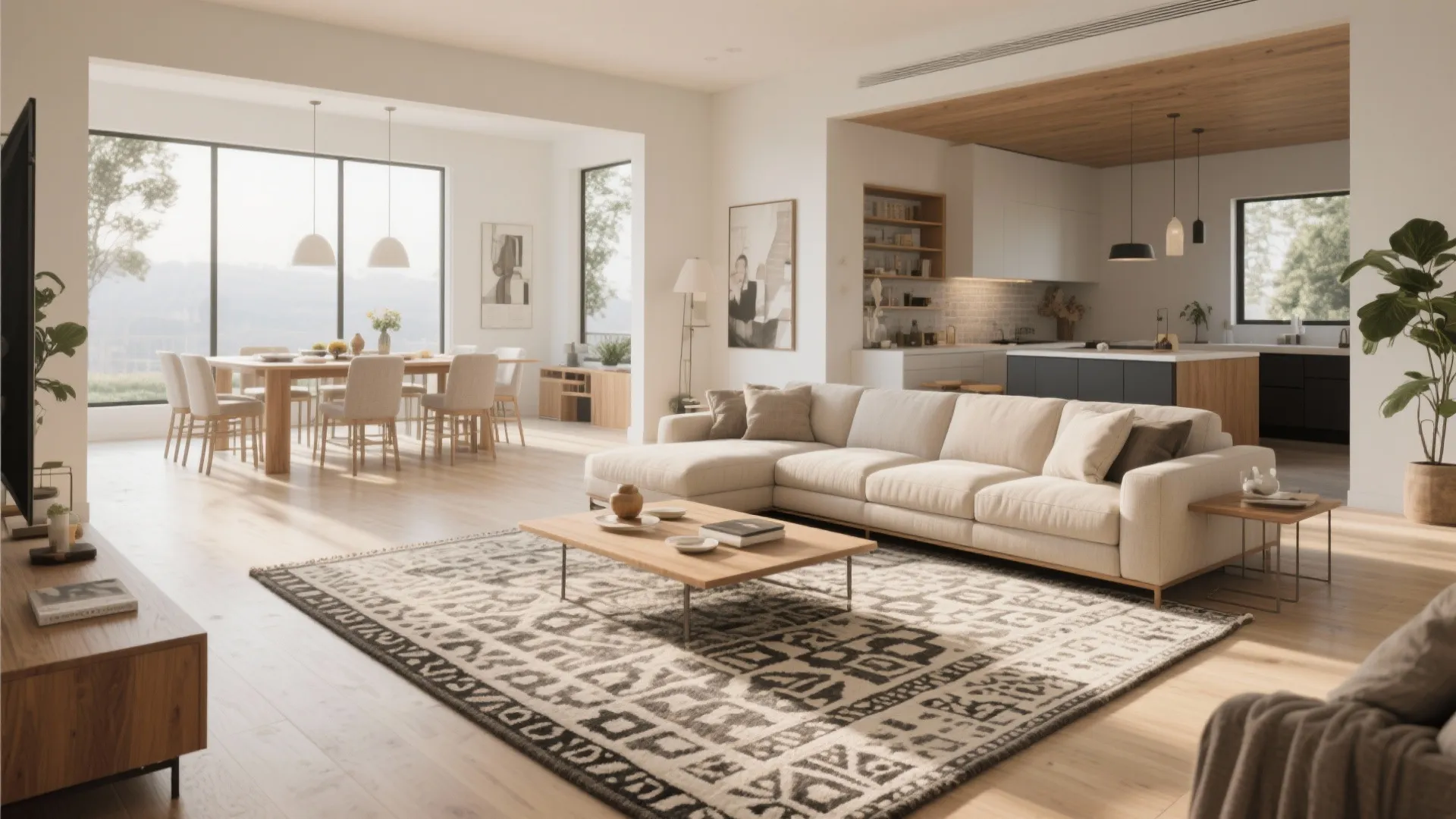 Modern open living room with cream sofa patterned rug wooden coffee table and dining area