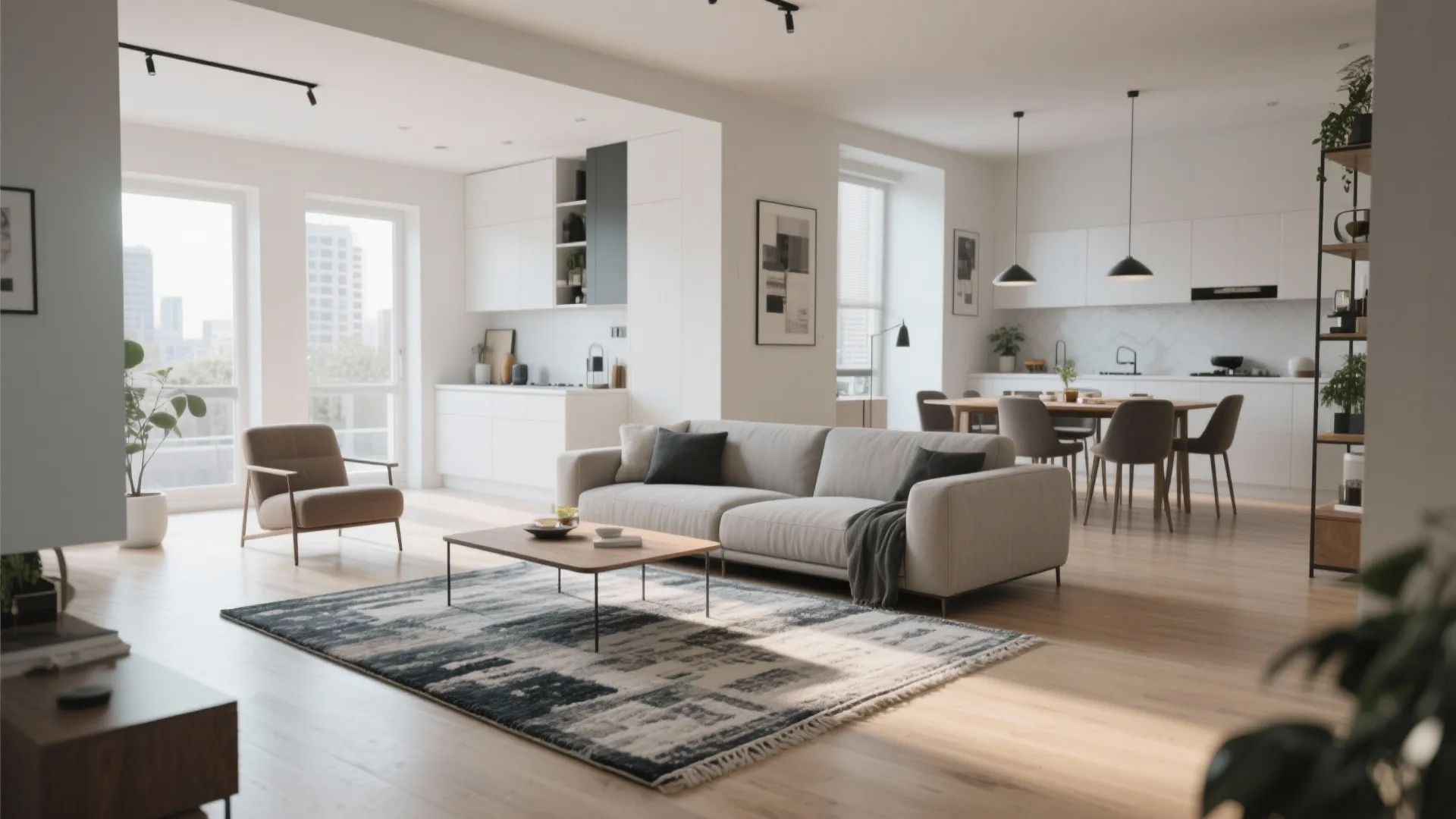Bright open plan living area with white kitchen dining table grey sofa and large area rug