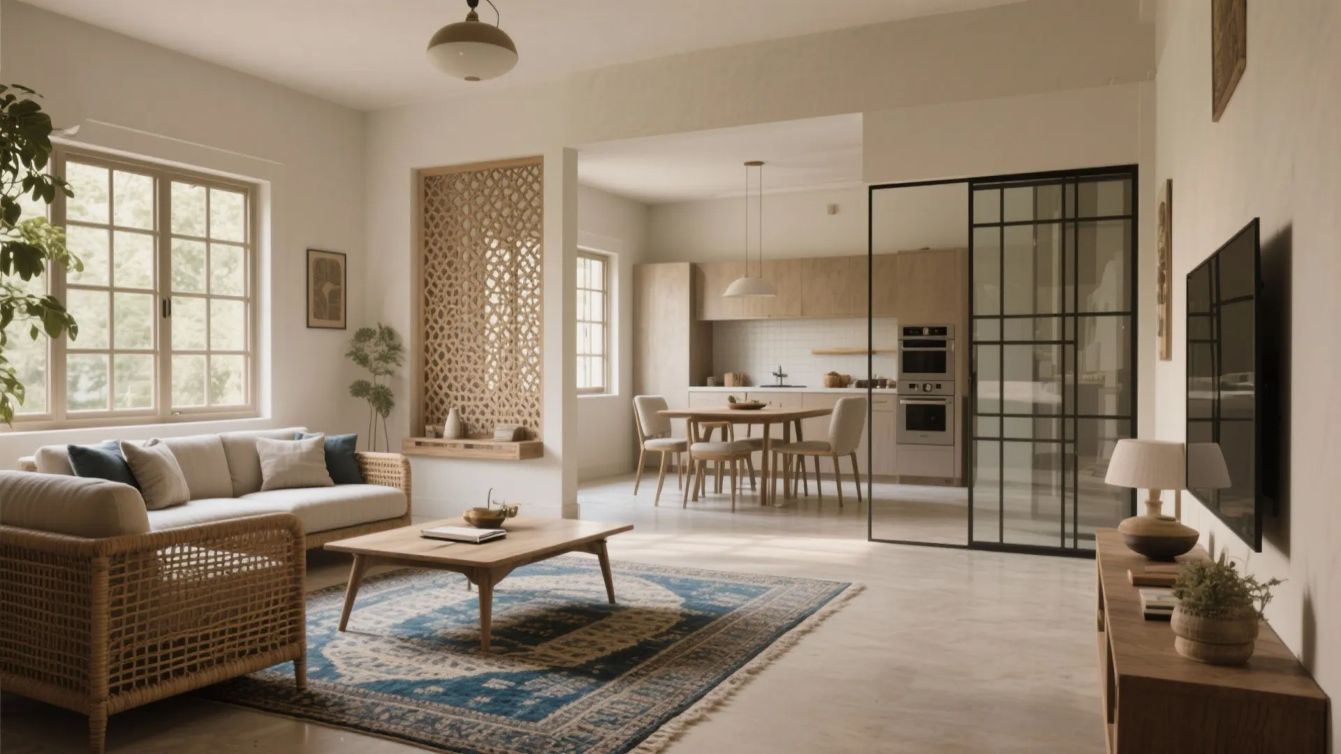 Modern open plan living room with a wicker sofa blue rug wooden table and kitchen view