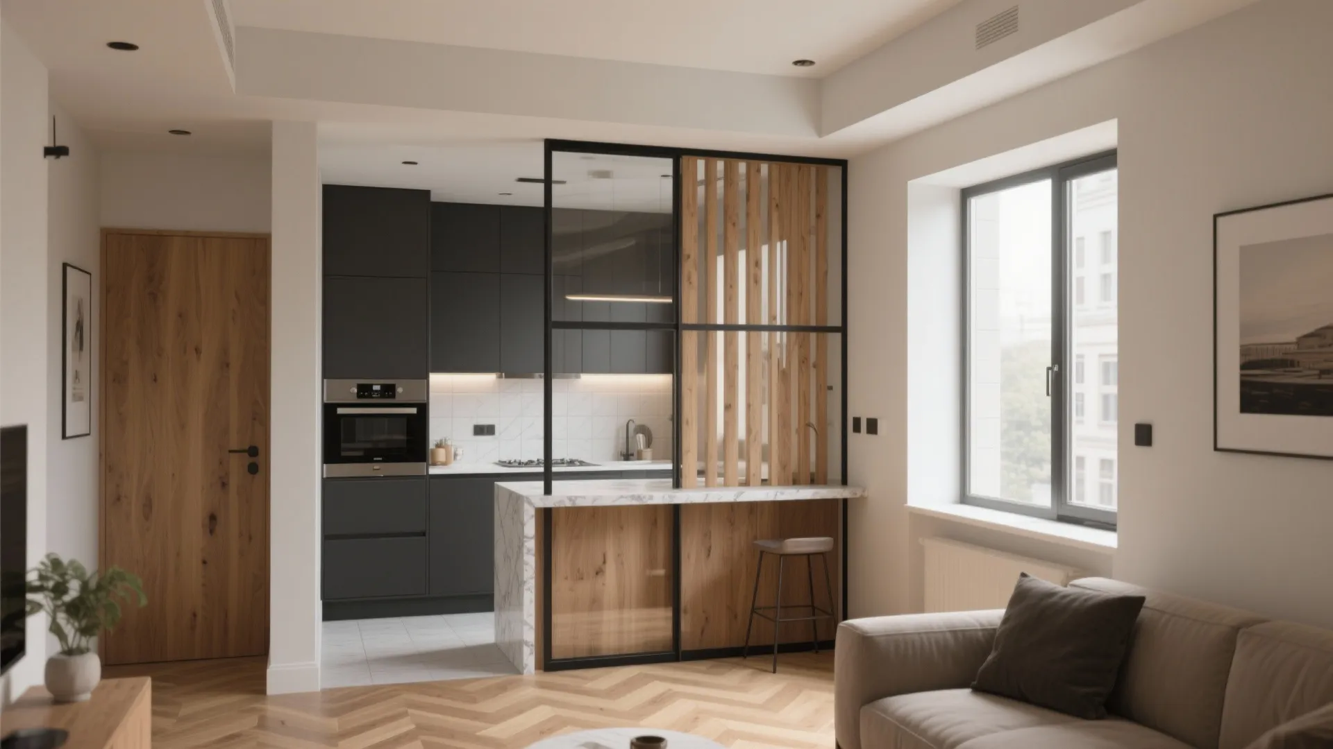 5 Living Room Kitchen Partition Designs That Work: From glass to slatted wood, here are 5 space-smart ways I use to separate a living room and kitchen—without killing light, airflow, or social vibes.