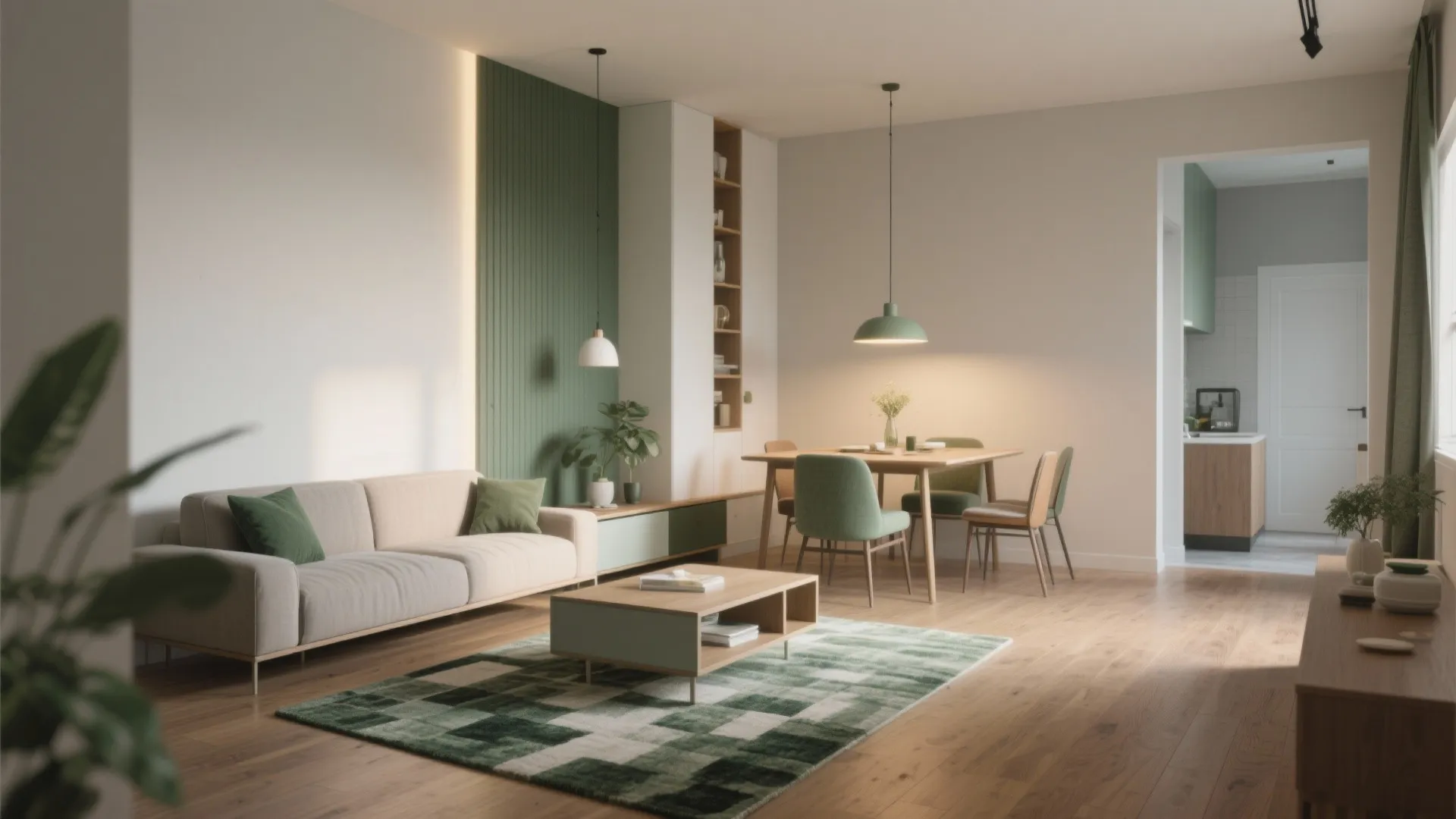 Open plan living room with green sofa dining table wooden floor and matching ceiling light fixtures