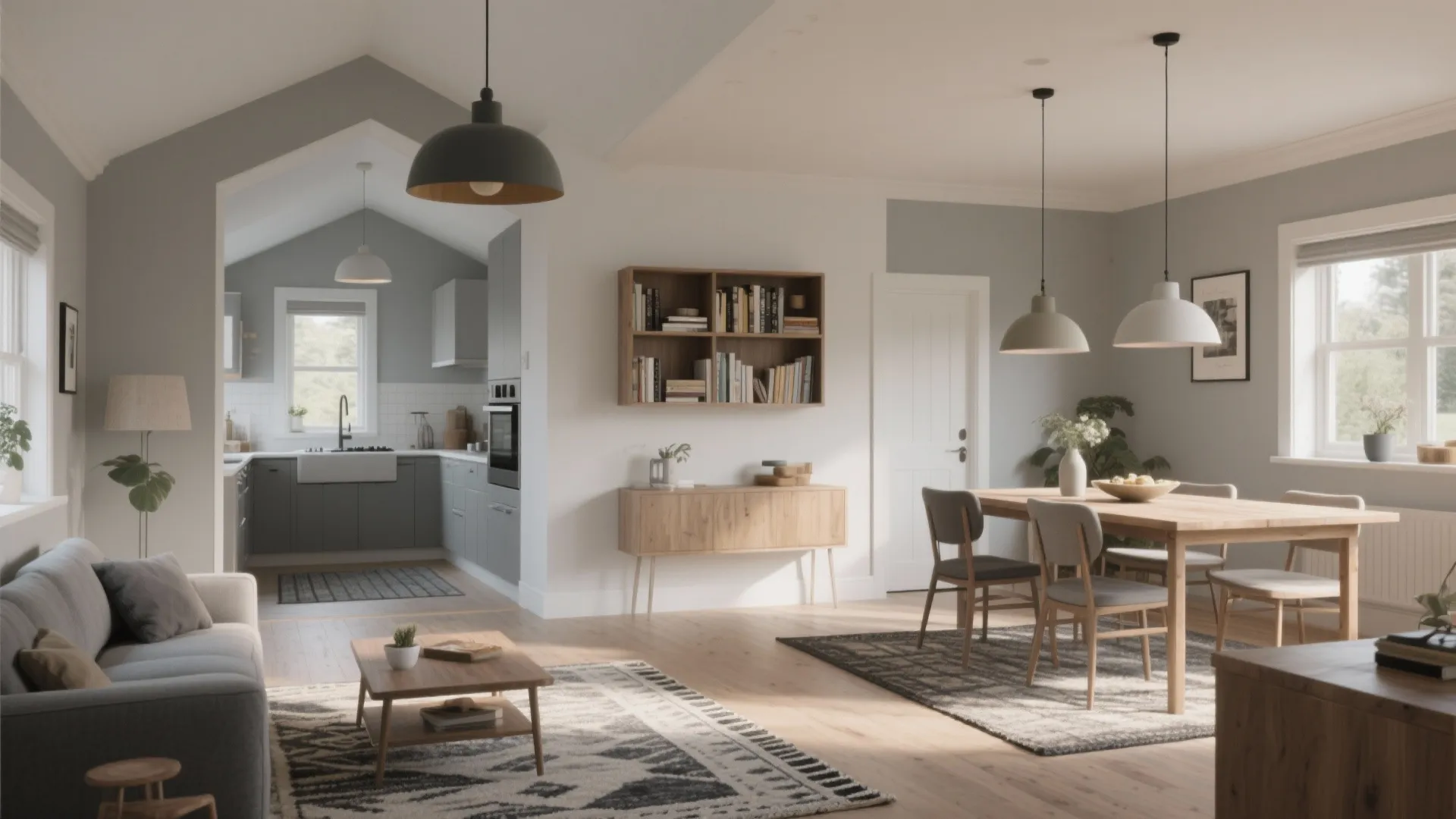 Open plan living area featuring grey sofa wooden dining table matching chairs and kitchen view