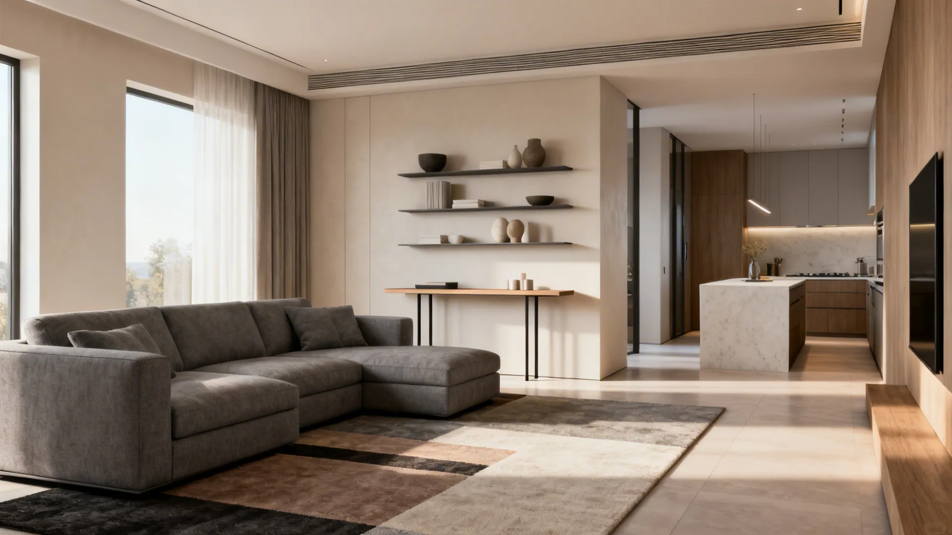 5. Open-Plan Zoning with Rugs and Shelving