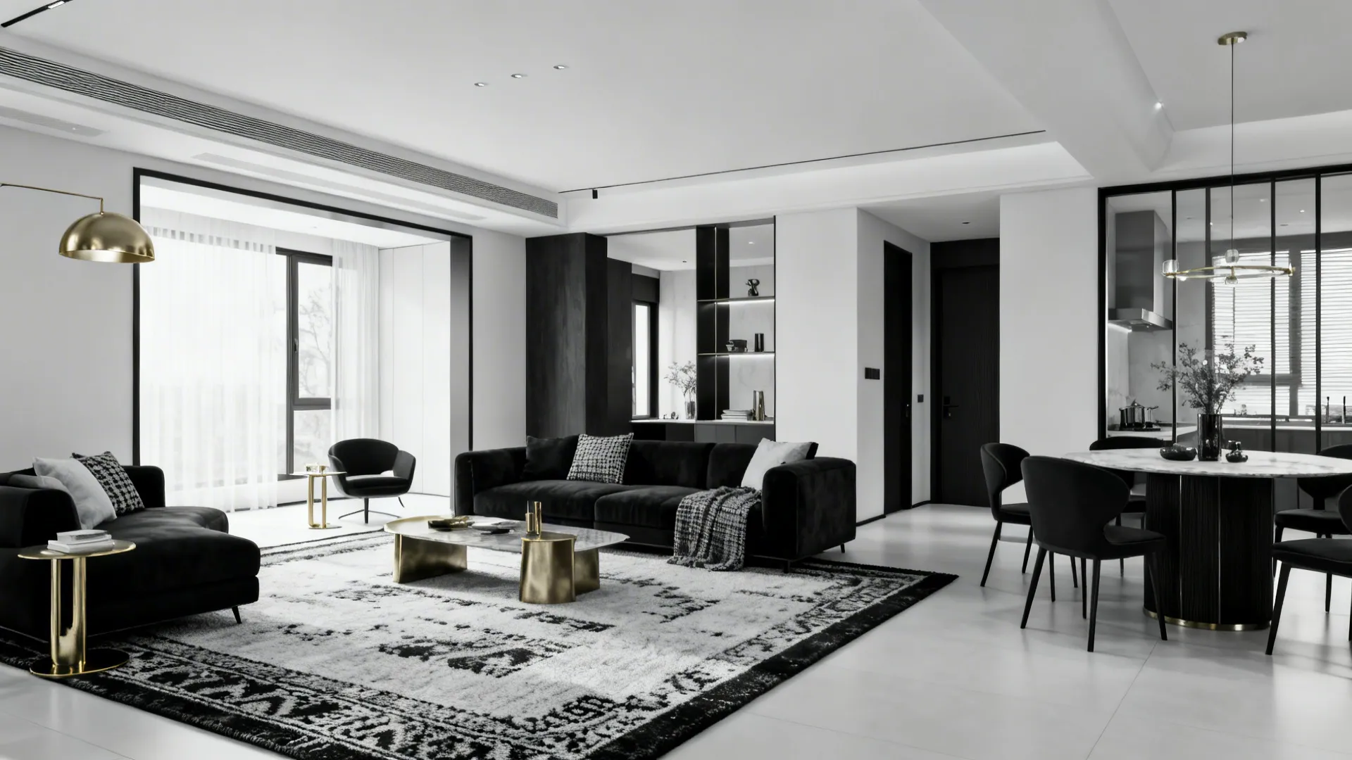 Open-plan space with living, dining and entry areas unified by black-and-white palette and brass accents