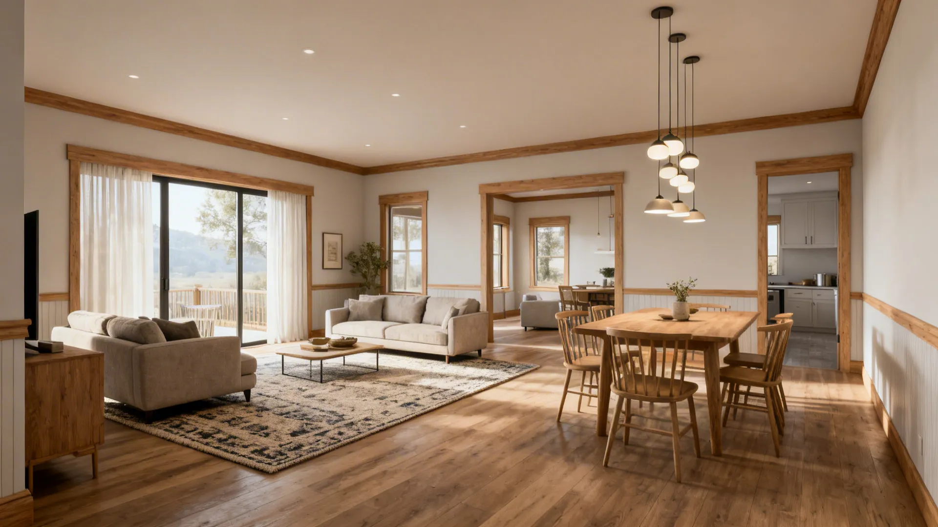 Open-plan ranch interior showing rug, sofa, and pendant lights defining zones