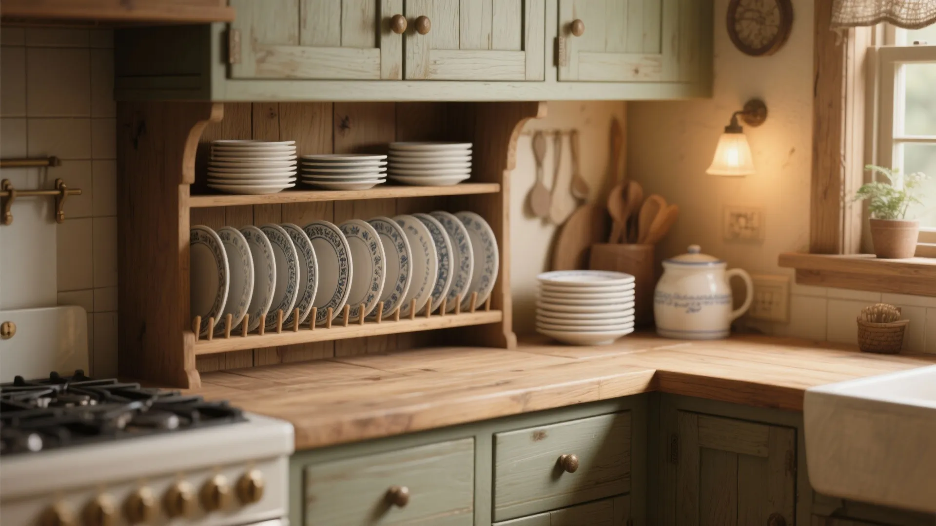 Vintage kitchen with green cabinets wooden countertop plate rack wall light and ceramic dish storage