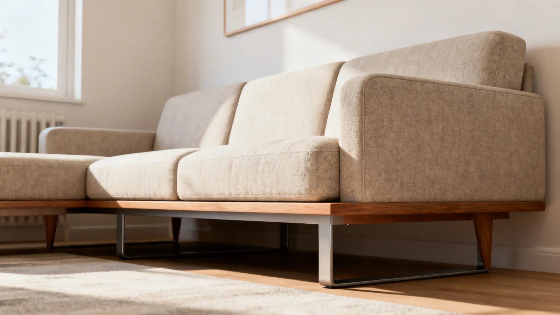 Modular sofa with visible legs and open plinth creating an airy feel in a small living room.