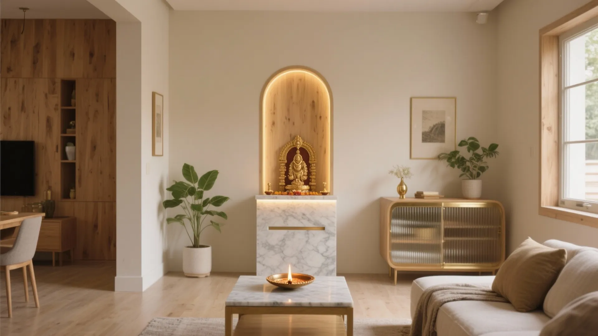 Living room with white sofa, marble prayer altar, green plants, wooden floor, and natural light