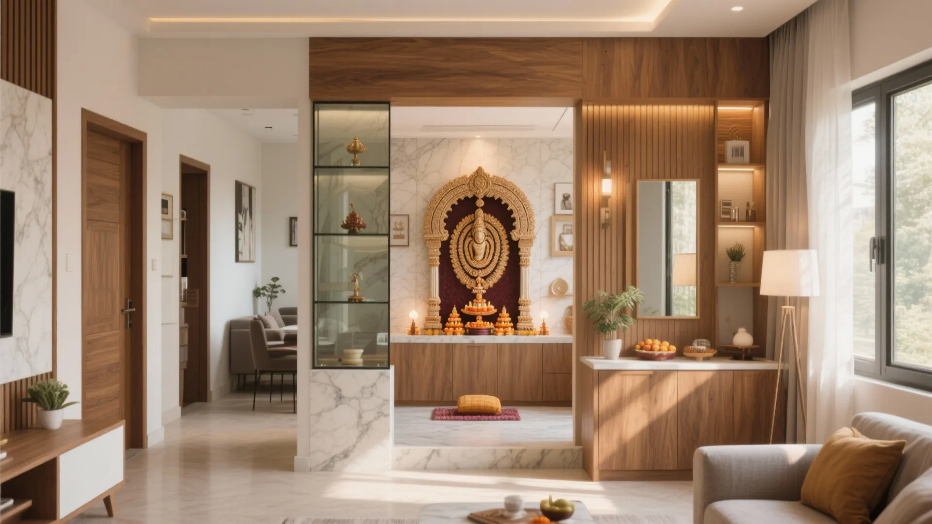 Modern interior design drawing showing wooden wall panel details and integrated prayer room with light