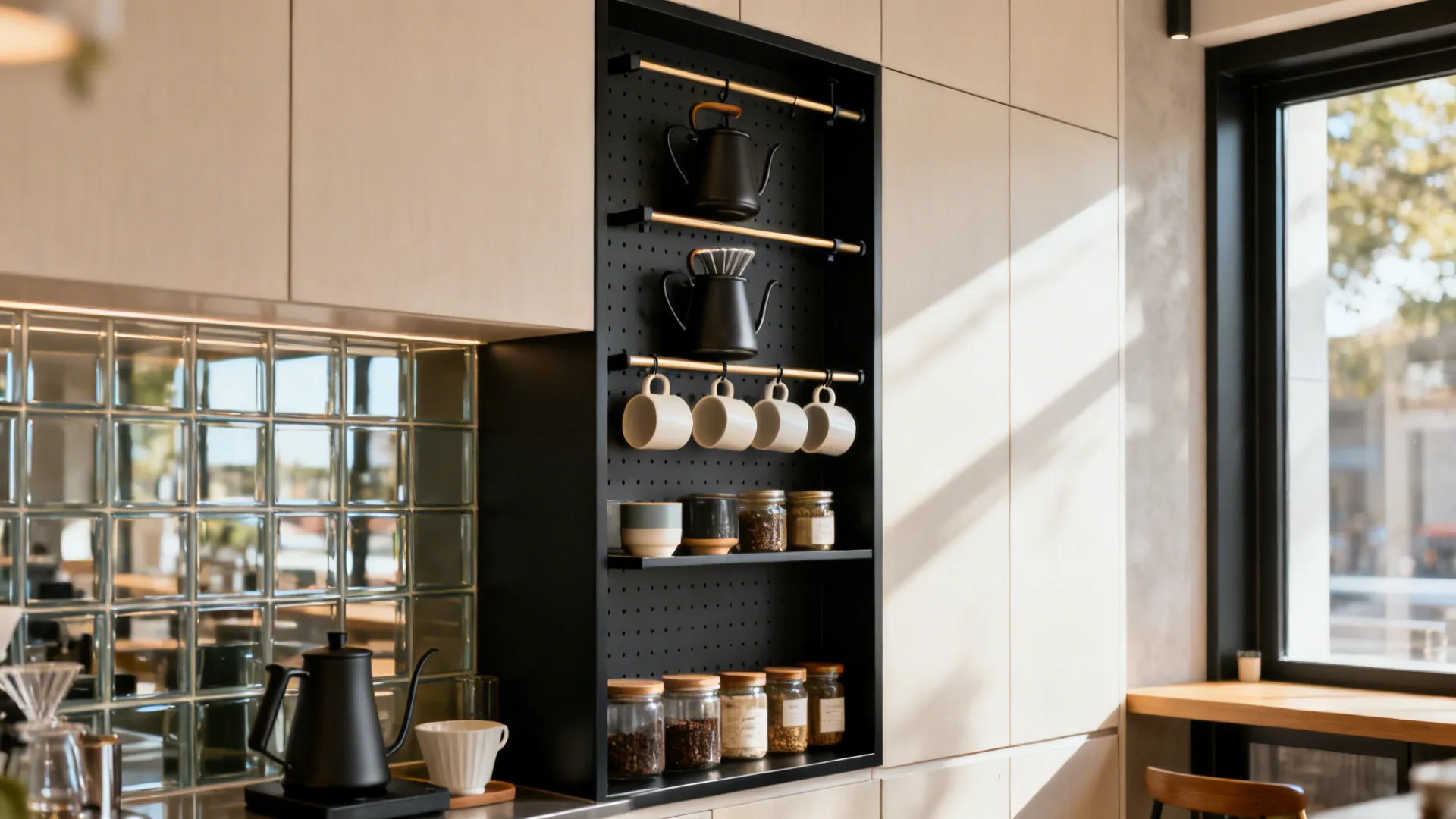 Narrow matte black open rack with pour-over gear and mugs beside light cabinets and a glass backsplash.