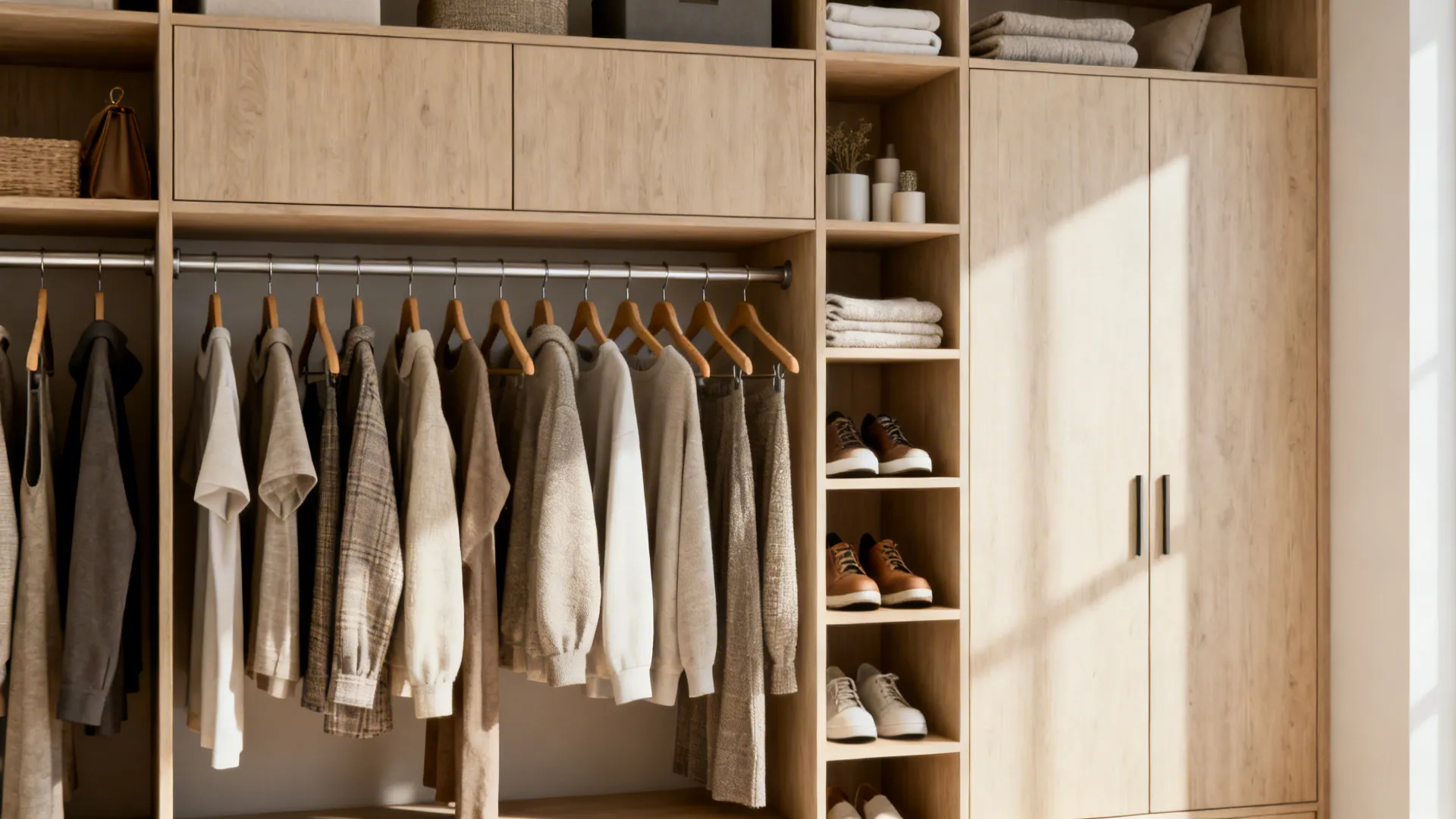 Open wardrobe rail with neatly hung clothes and closed cabinets for concealed storage.
