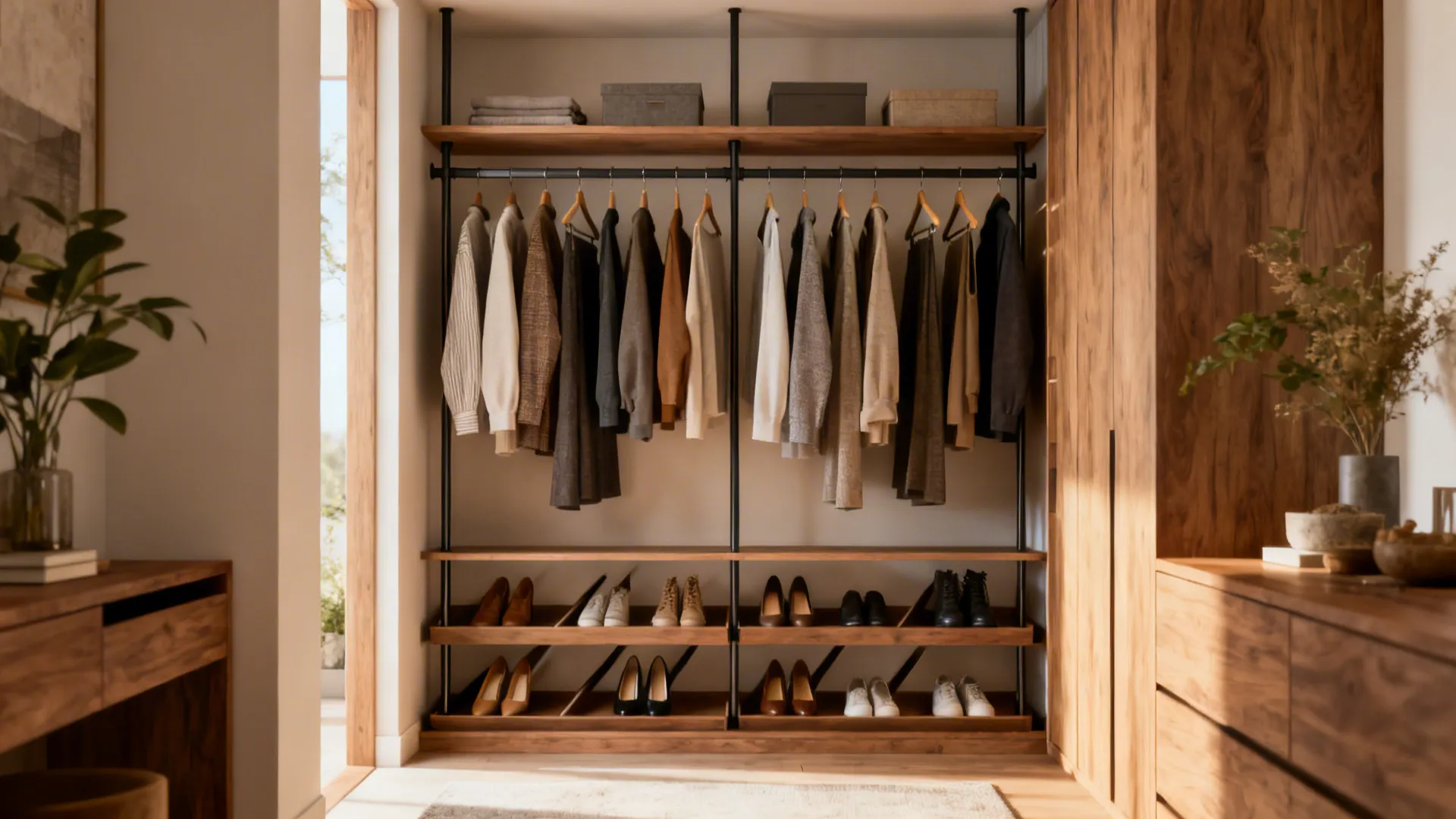 Open rail closet zone with coordinated slim hangers and tilted shoe shelves in a compact space.