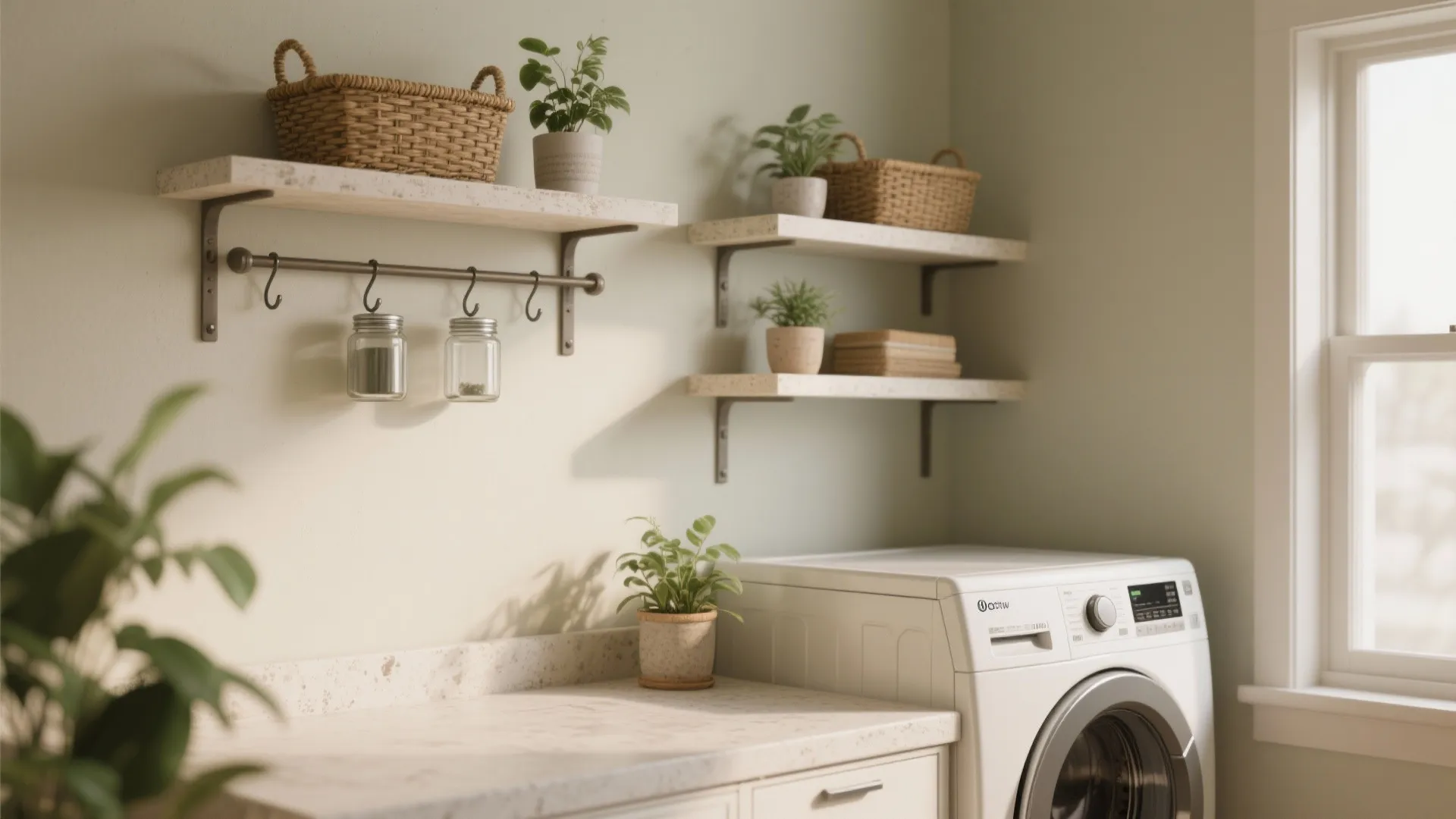 4. Open Rail + Floating Shelves Over Machines