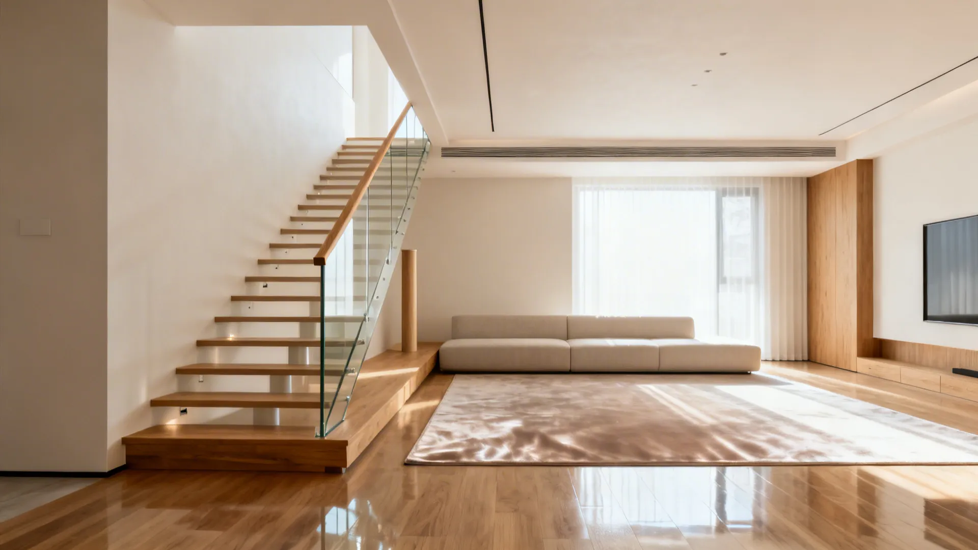Small living room with slim low-iron glass railing and oak cap that opens sightlines and brightens the space.