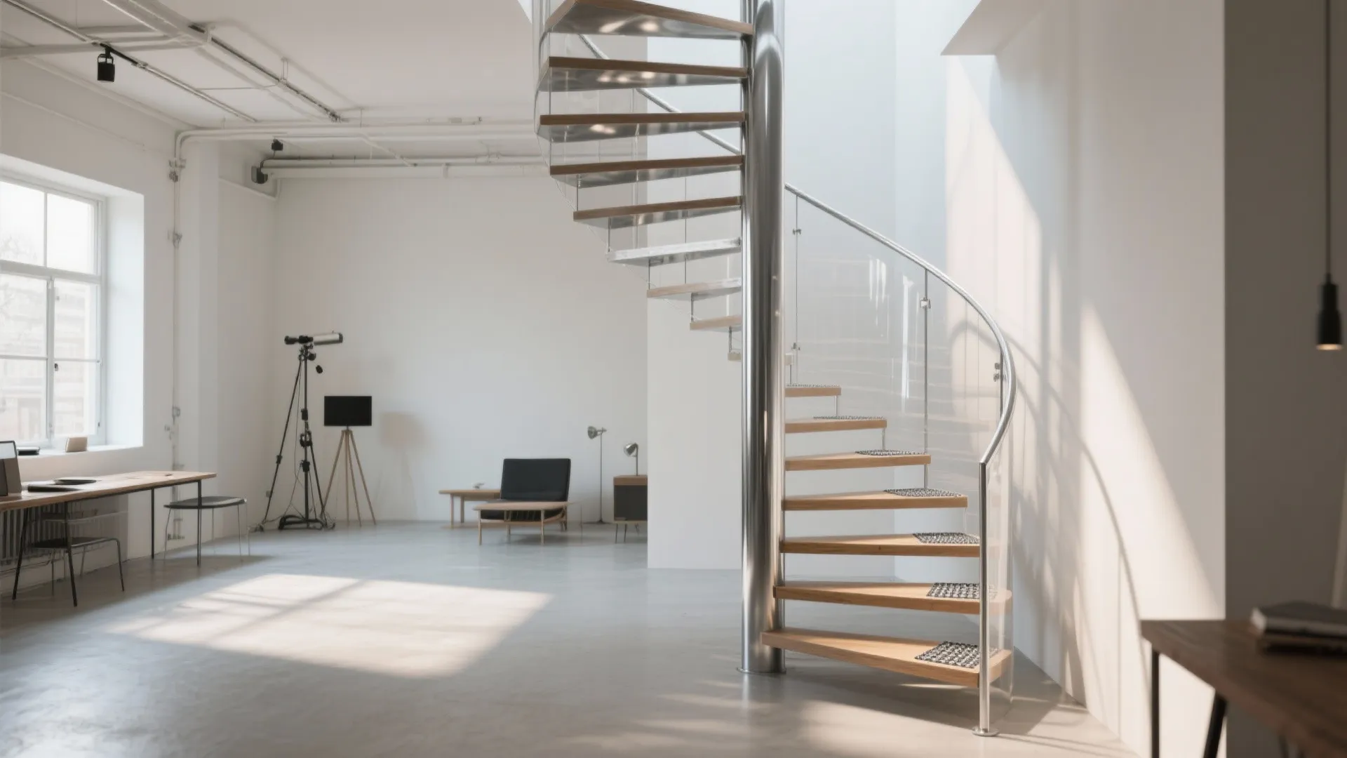 Modern metal spiral stairs with wooden steps in a white studio with natural window light