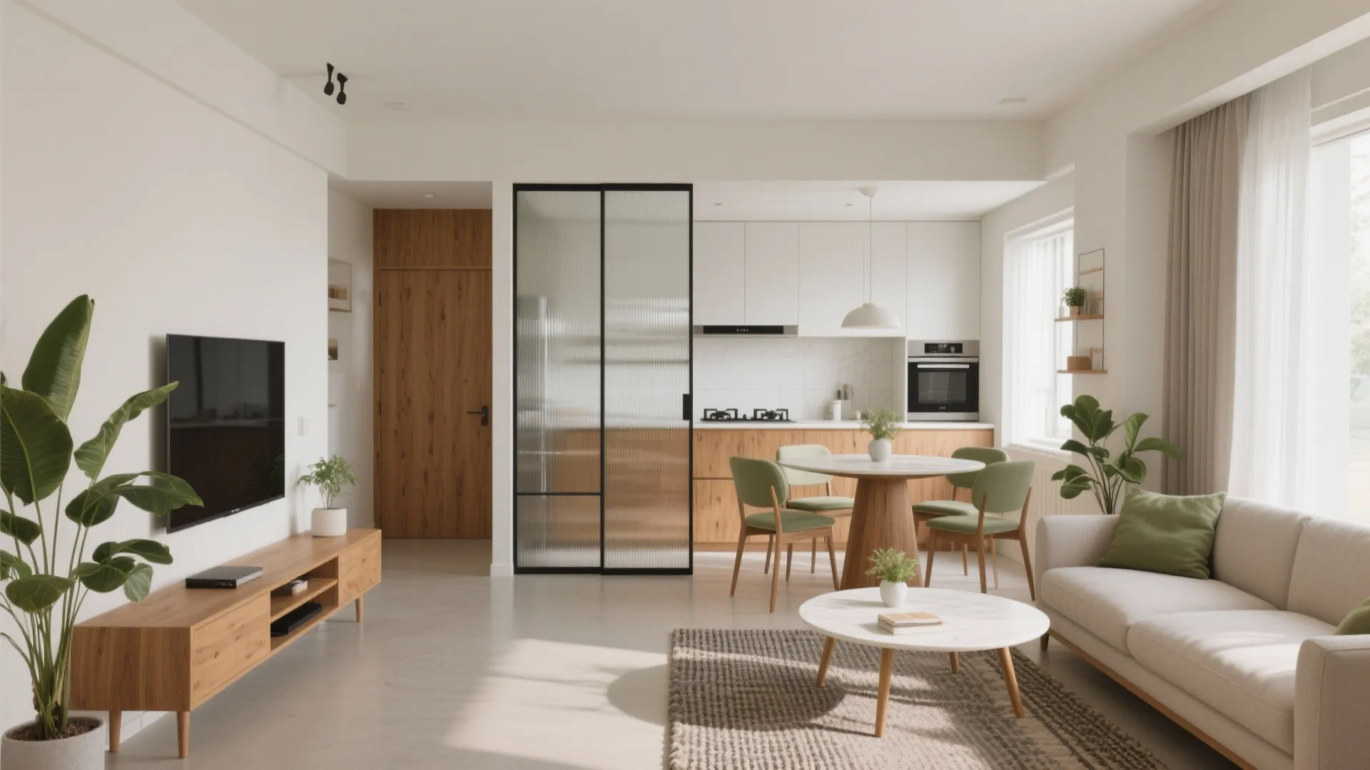 Modern open living room with green chairs round dining table glass door and white sofa