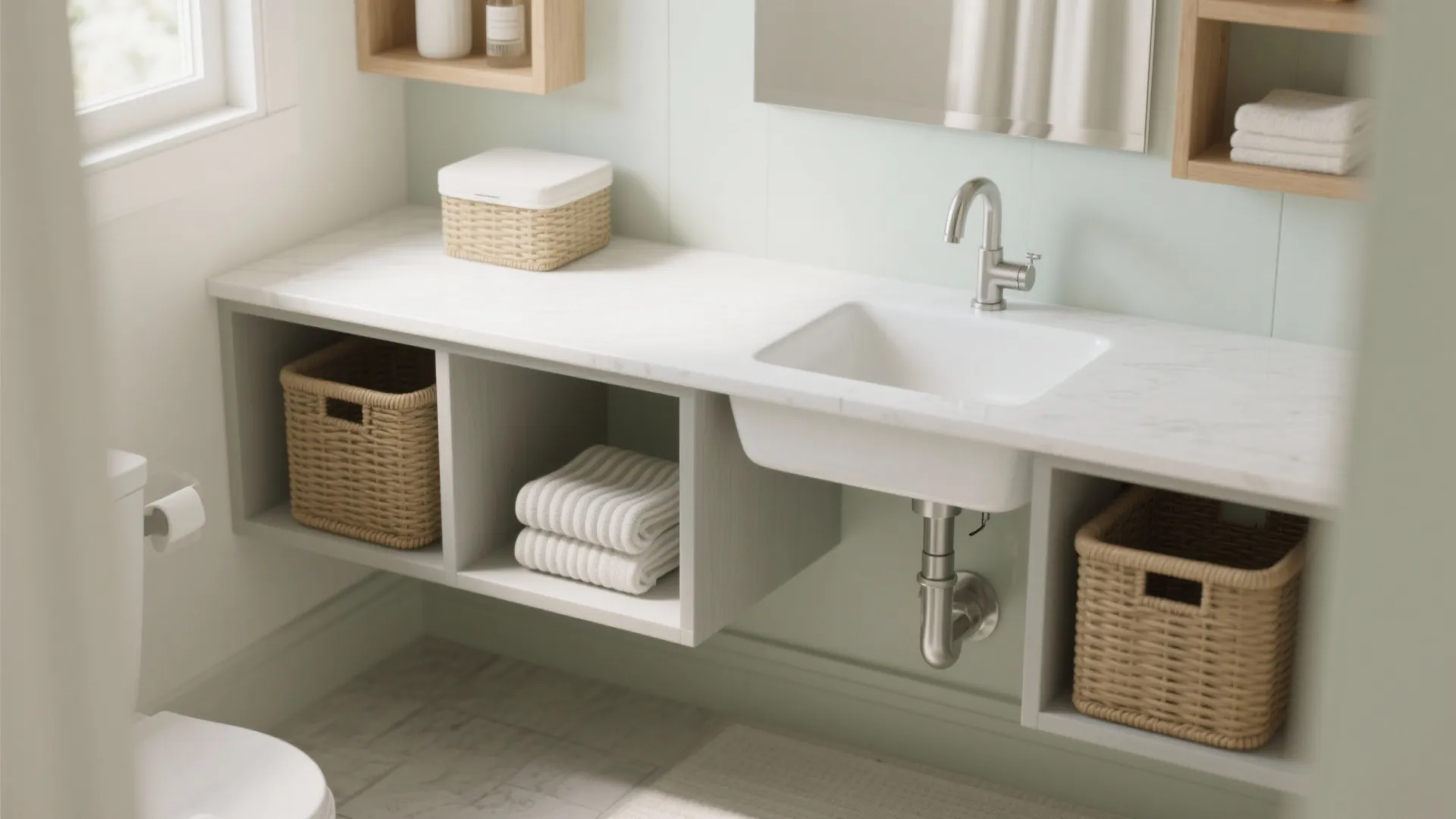 Bathroom vanity with white countertop sink faucet open storage shelves woven baskets and folded towels