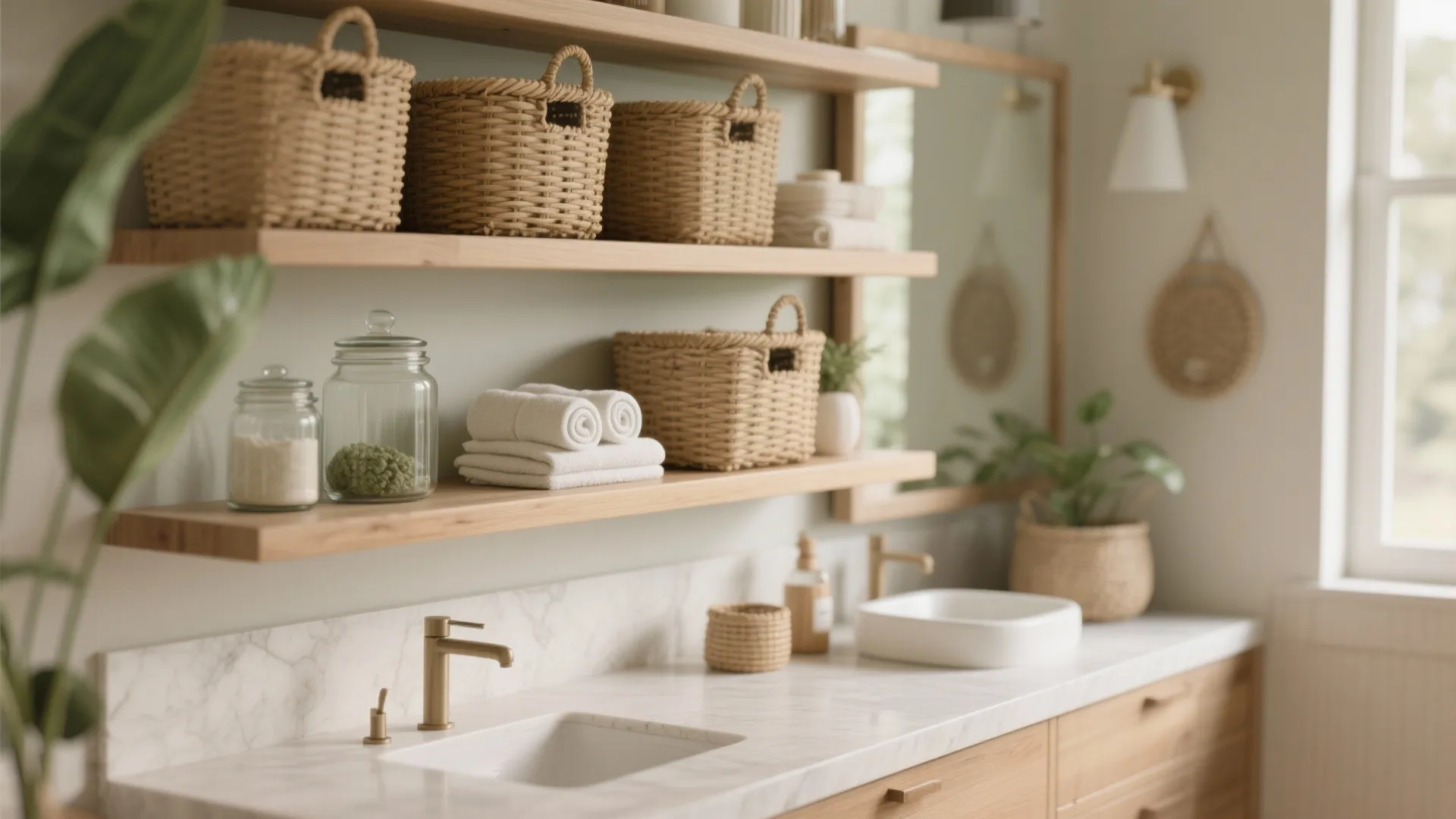 4. Open-shelf vanities with woven baskets