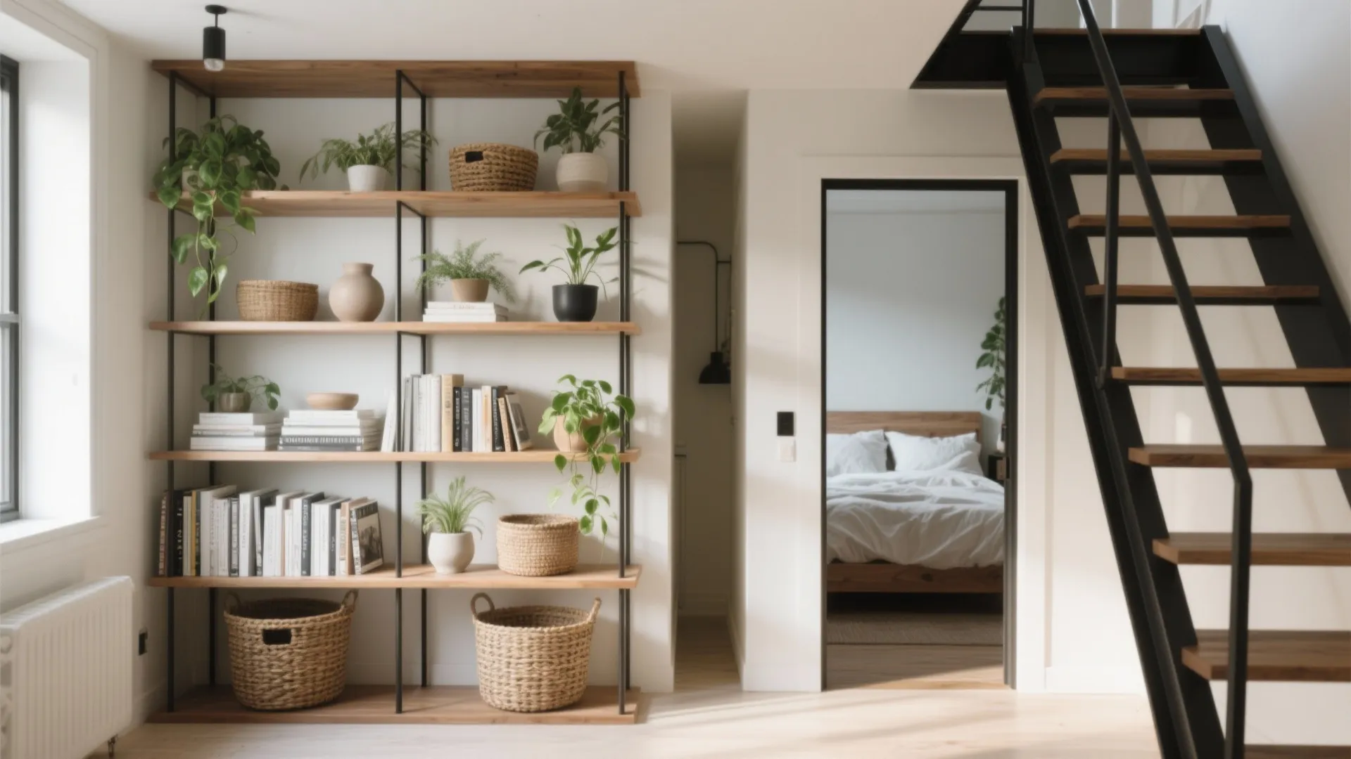 Large wooden open shelf with books and plants next to black staircase leading to a bedroom