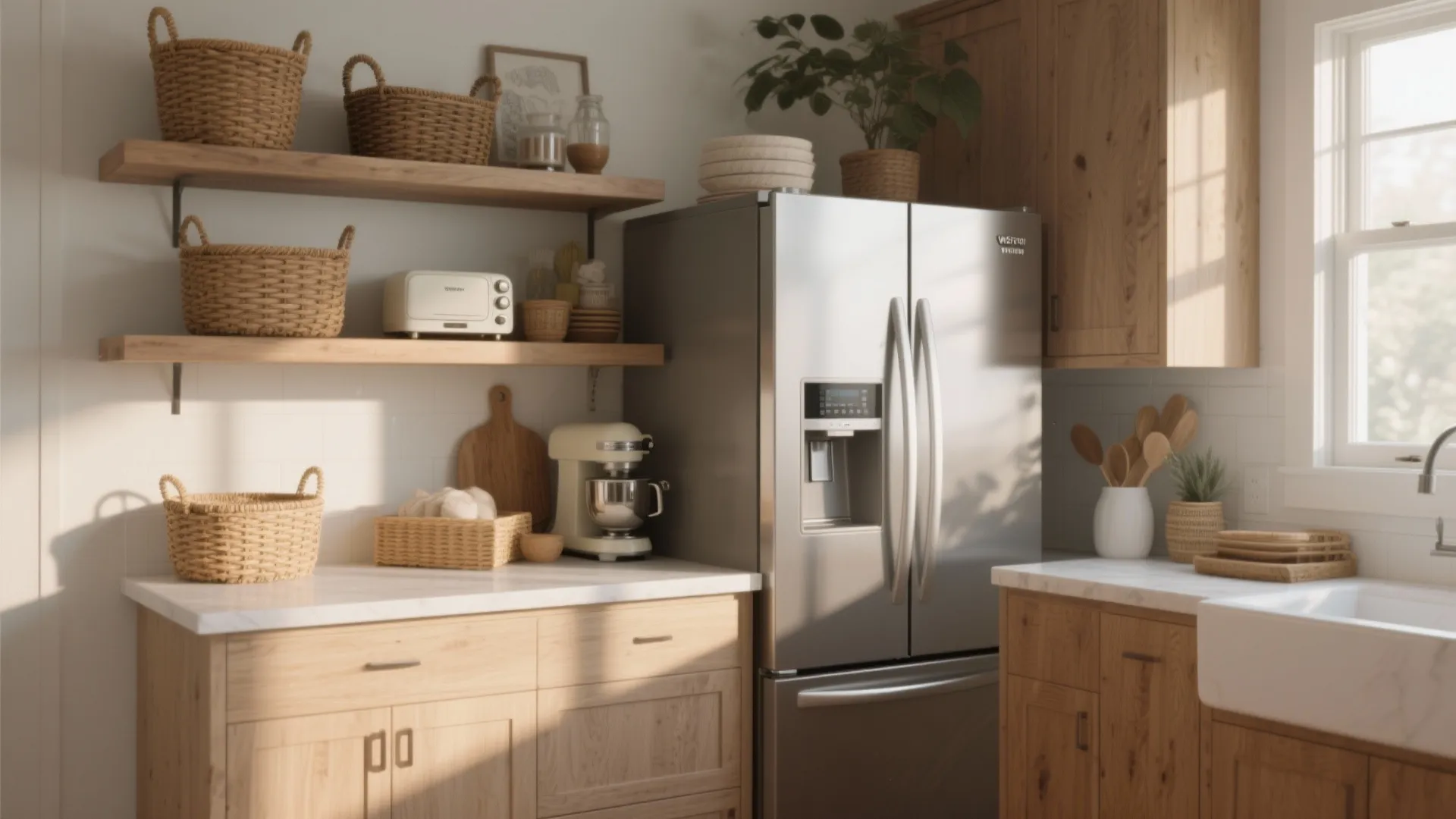 4. Open-shelf landing above a counter-depth fridge