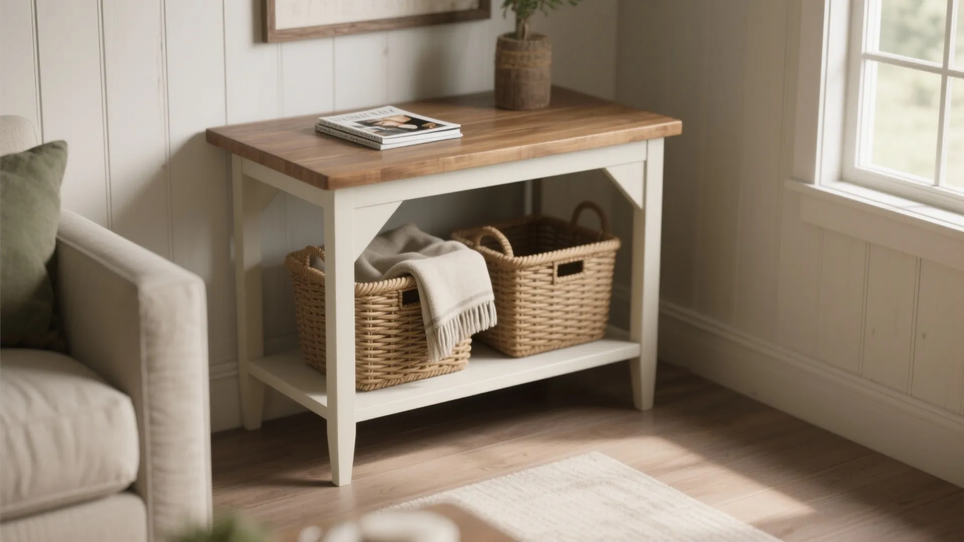 White side table with wood top featuring two woven storage baskets and books in room