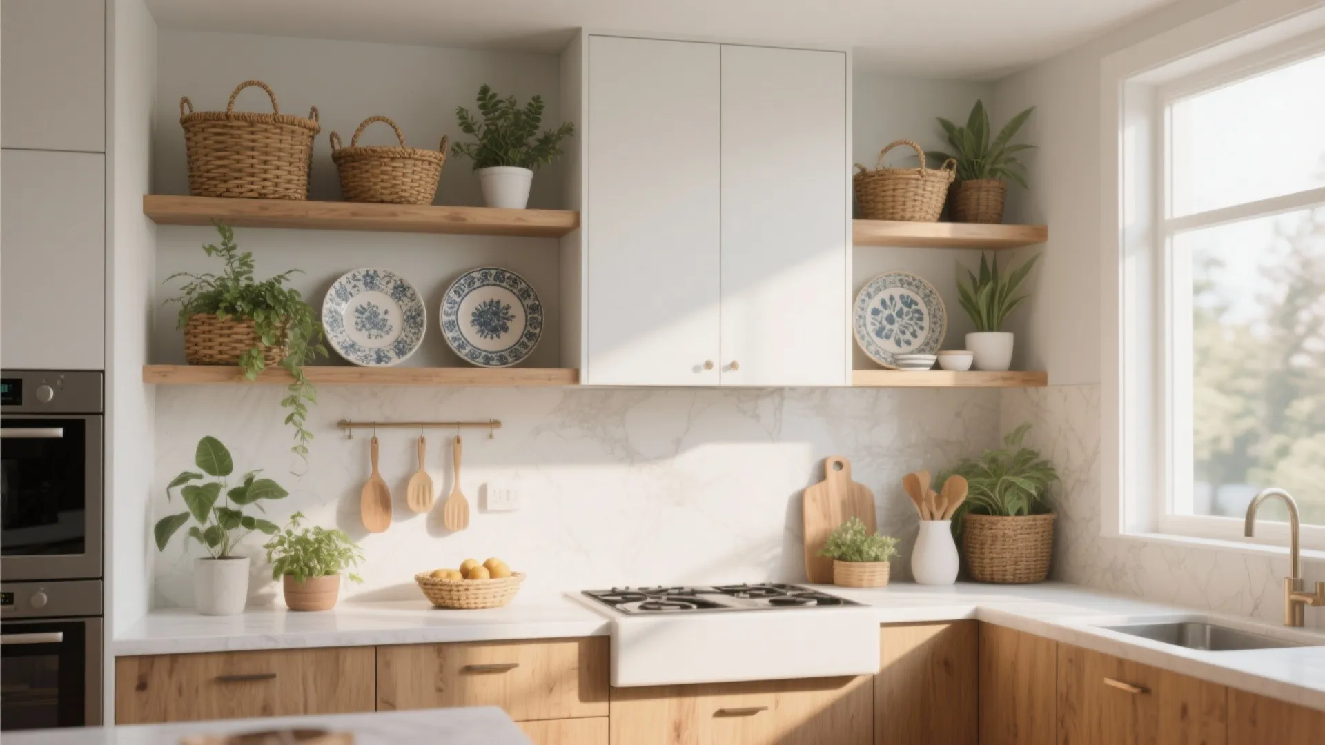 Bright kitchen with wooden open shelves holding baskets and plates above a white marble countertop