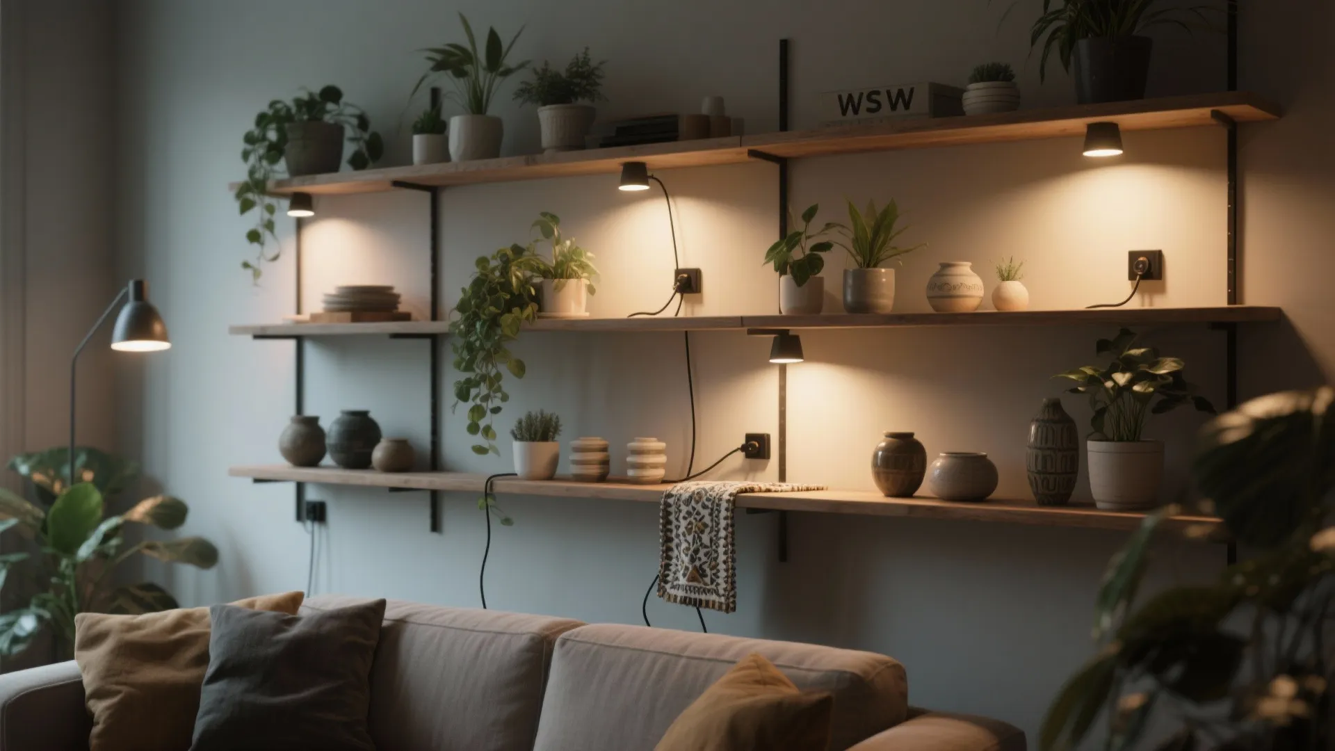 Open shelves lit by plug-in spot lamps highlighting plants and ceramics with neat cord management.