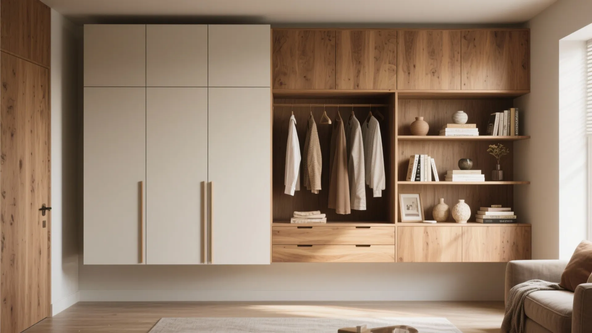 Minimalist white and wood wall cabinet featuring open shelves for books and hanging clothes storage