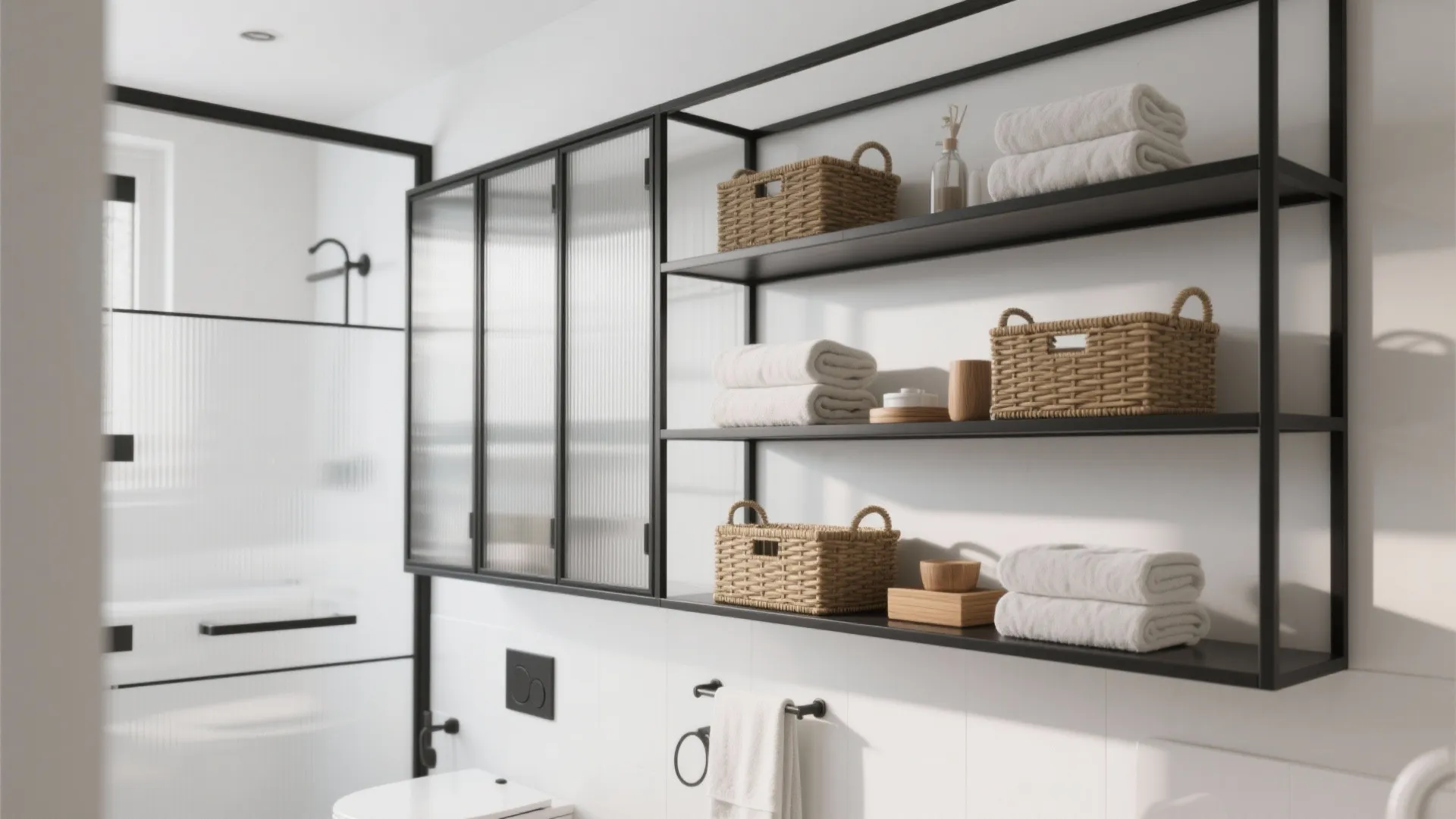 Black metal open shelves in bathroom holding white towels and wicker baskets for organized storage