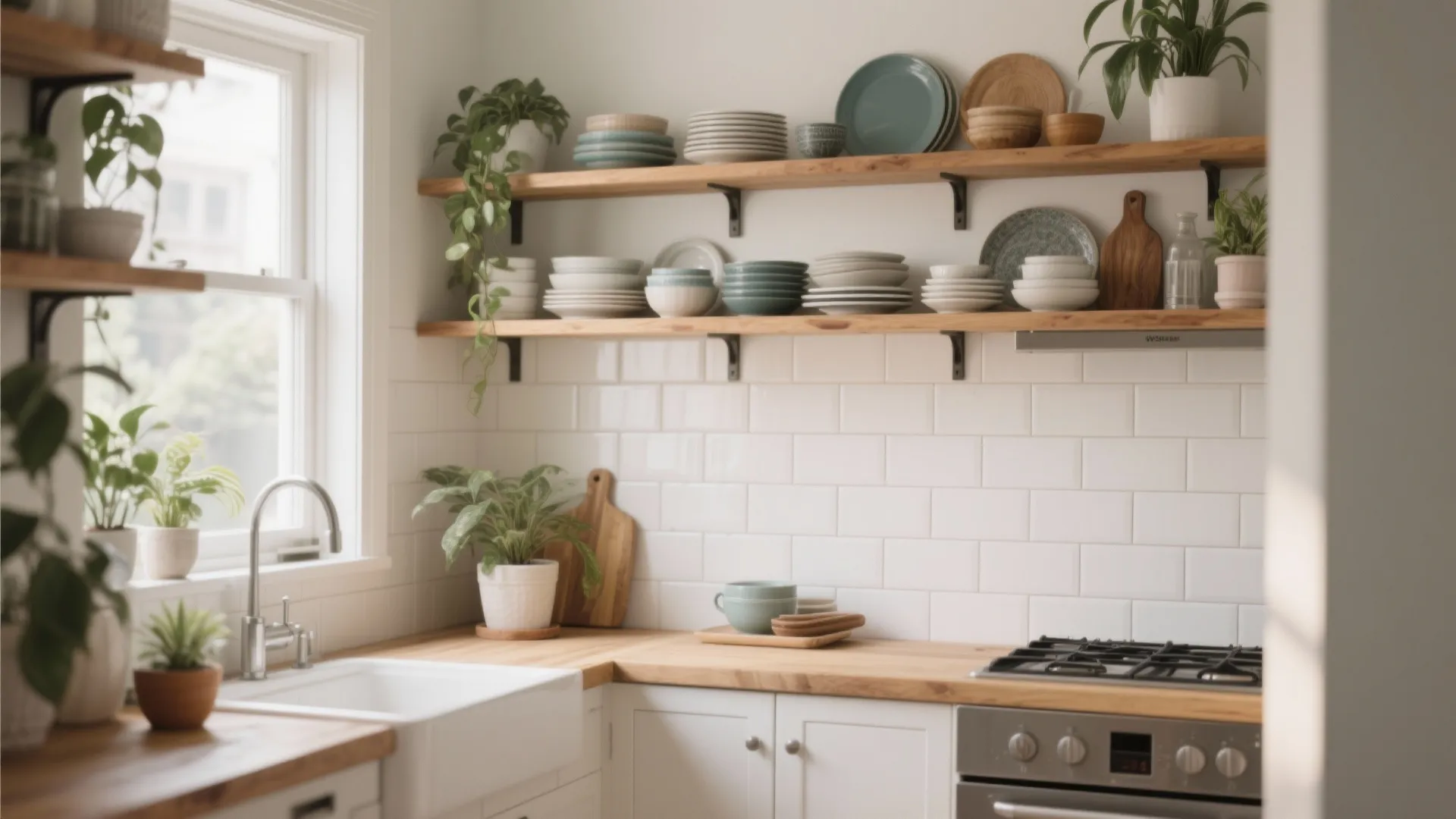 Kitchen open shelves with white subway tile background