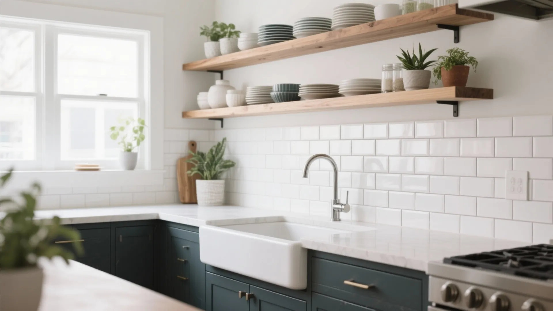 Kitchen sink with subway tile backsplash and oak open shelf
