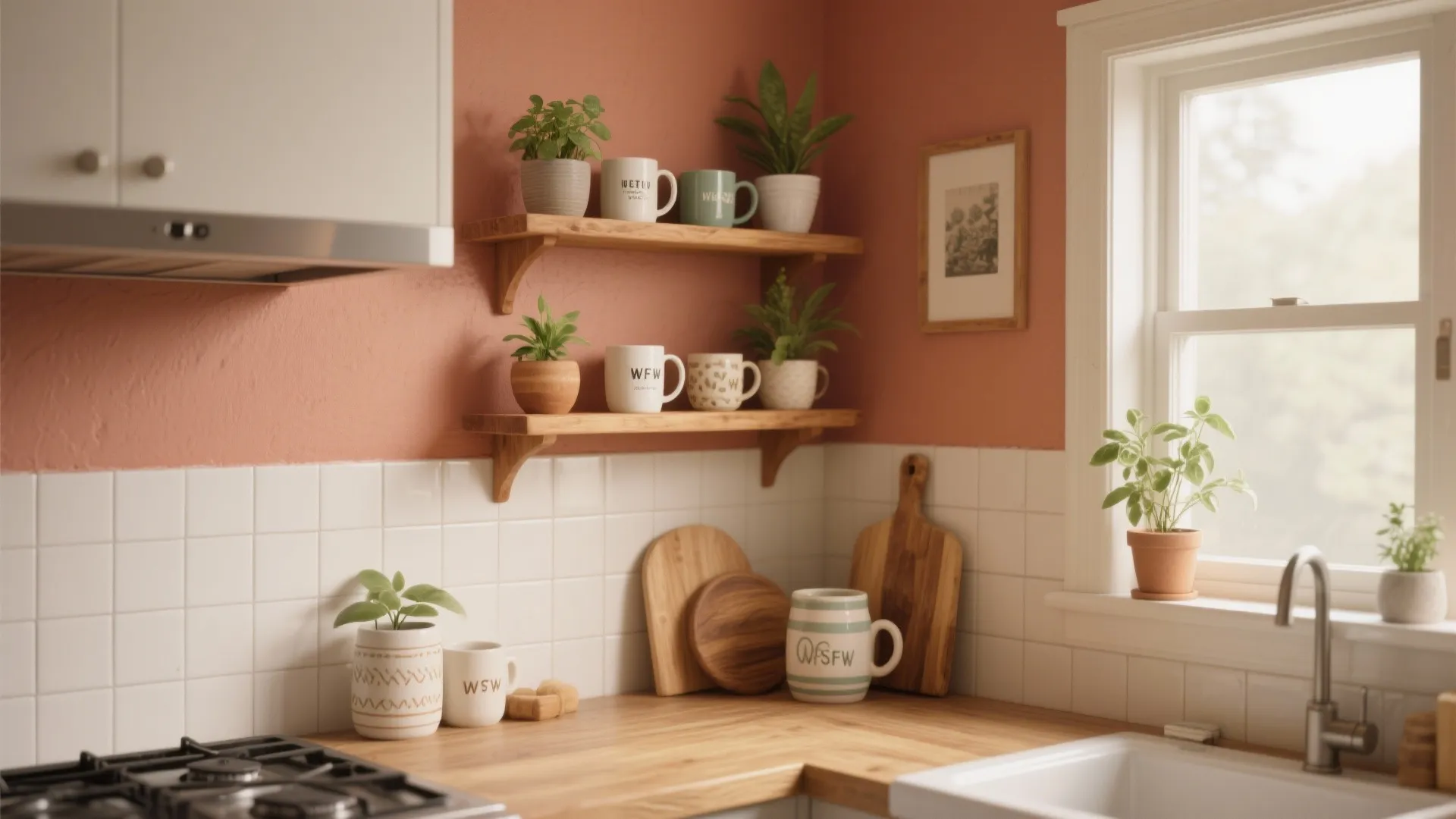 4. Open-shelf backsplash with painted wall