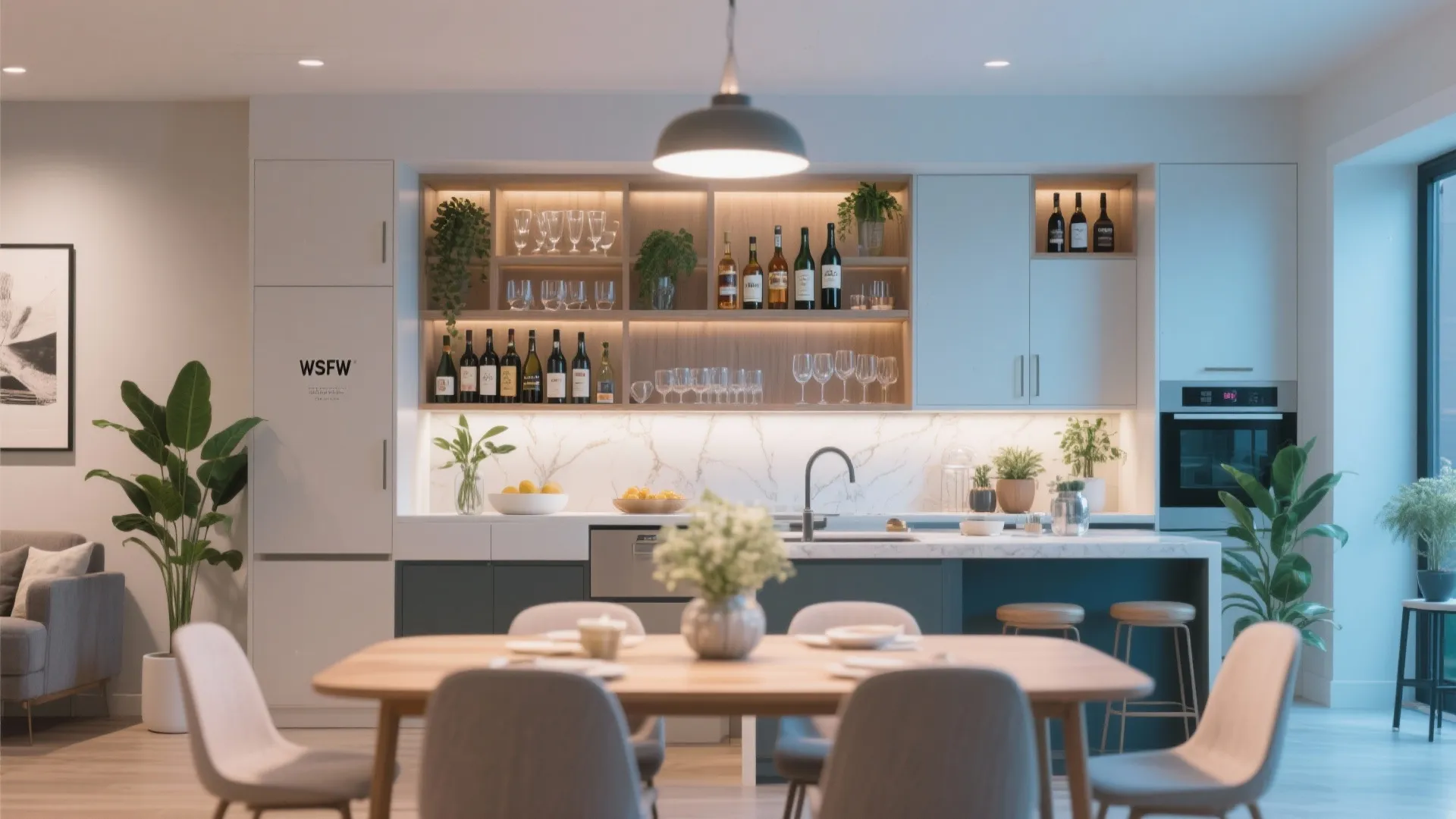 Modern kitchen wall with open wood shelves storing wine bottles and glassware above white counter