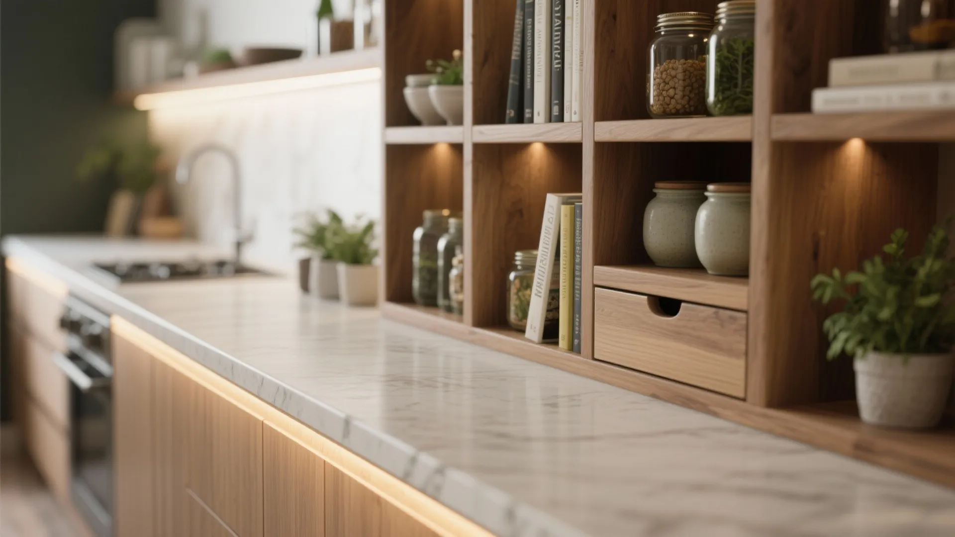 Integrated Storage Bar with Open Shelves