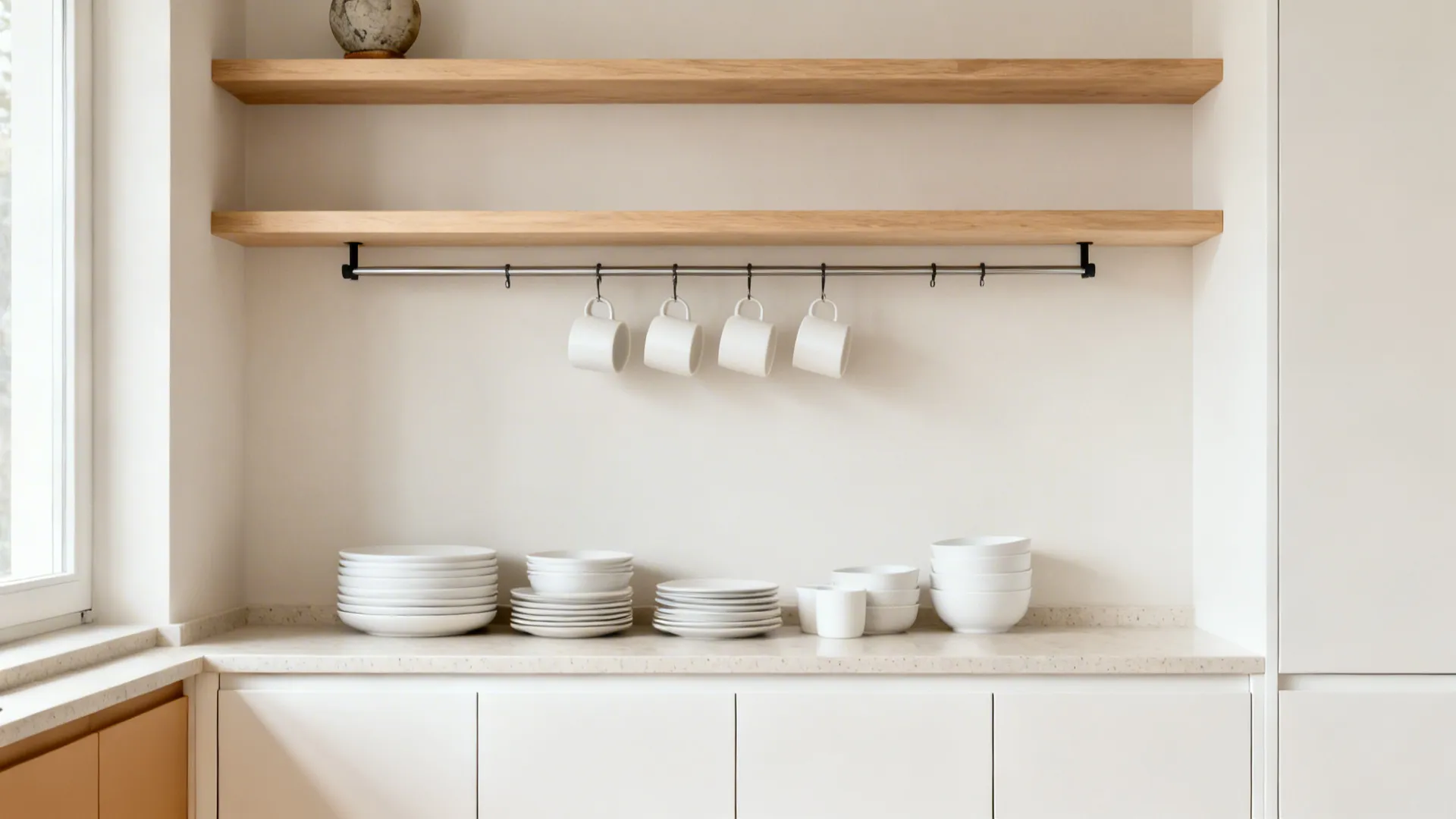 Two light wood open shelves above warm white base cabinets with uncluttered styling.