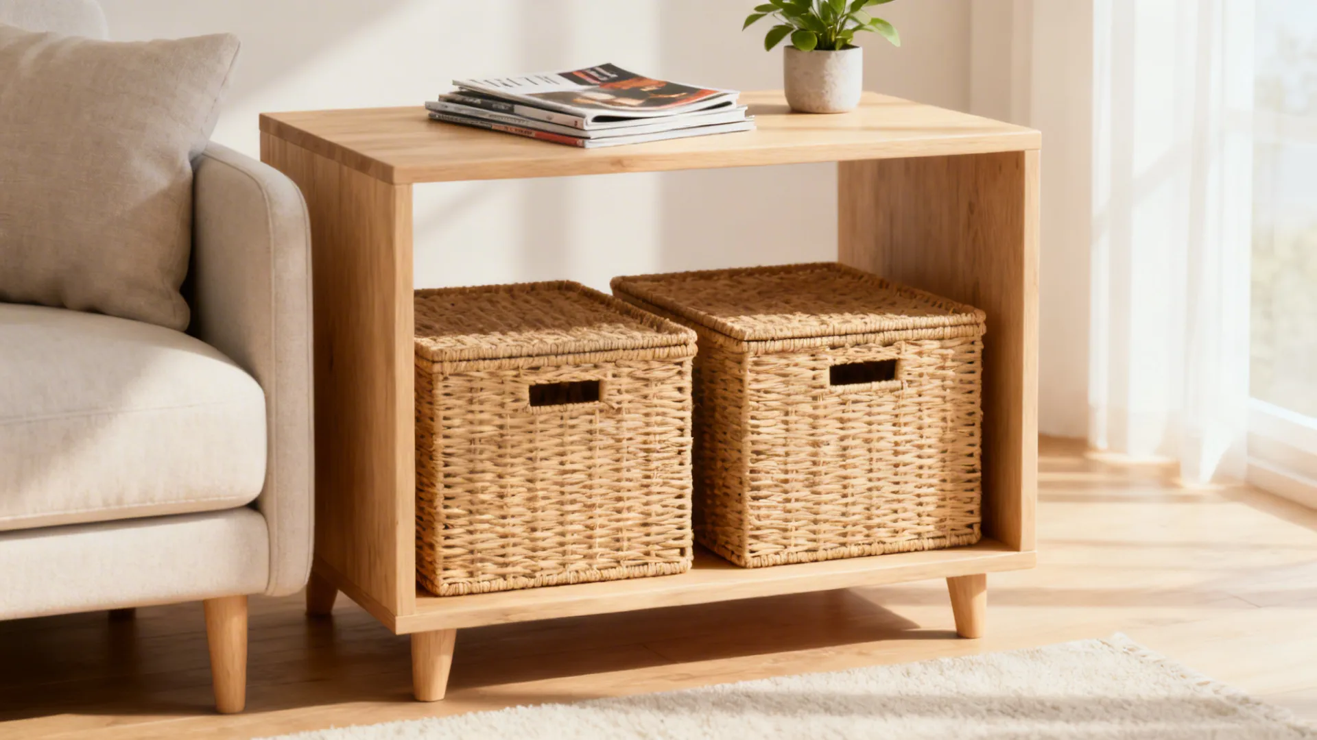 Open-shelf side table with woven baskets and a plant, providing airy organized storage beside a sofa.