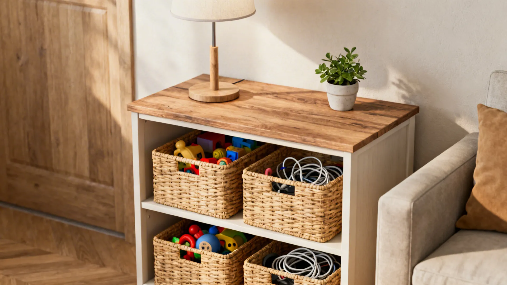 Open-shelf end table with woven baskets used for organized storage and a lamp on top.