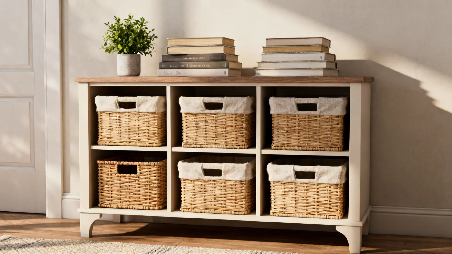 2. Side table with open shelving and baskets