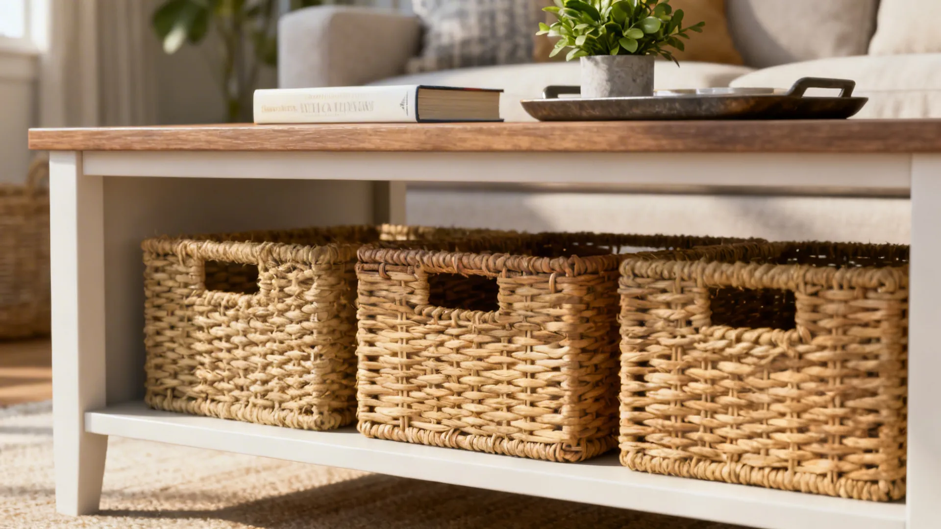 Open-shelf coffee table with woven baskets keeping items hidden and tidy