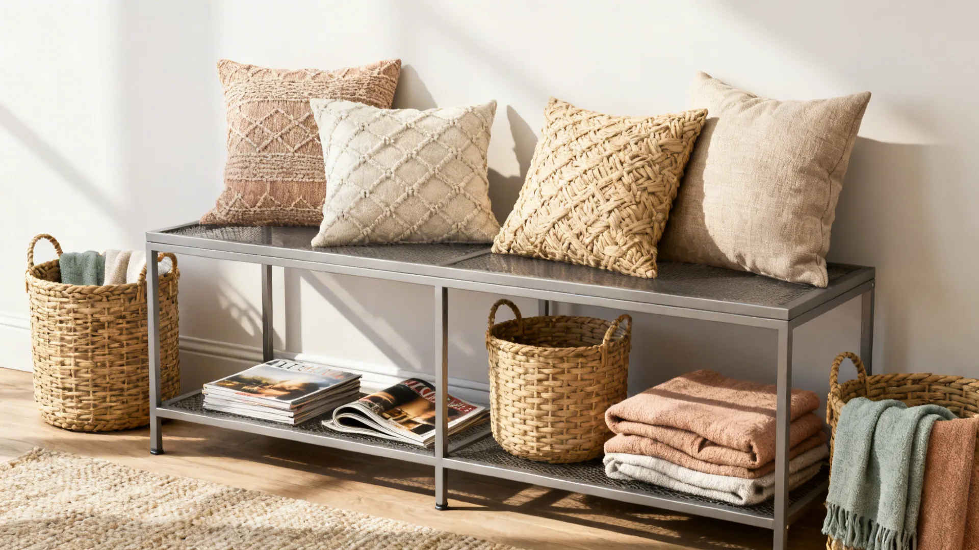 Metal-frame console with woven baskets on open shelves and coordinated cushions