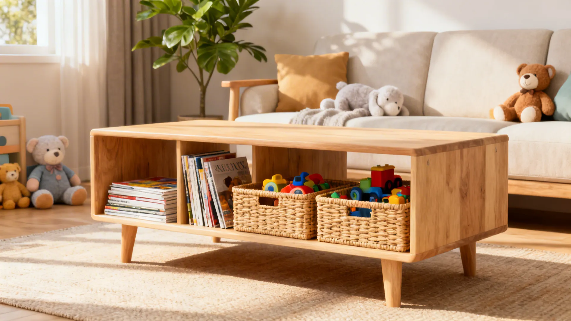 Light wood coffee table with open shelves containing books and woven baskets filled with toys