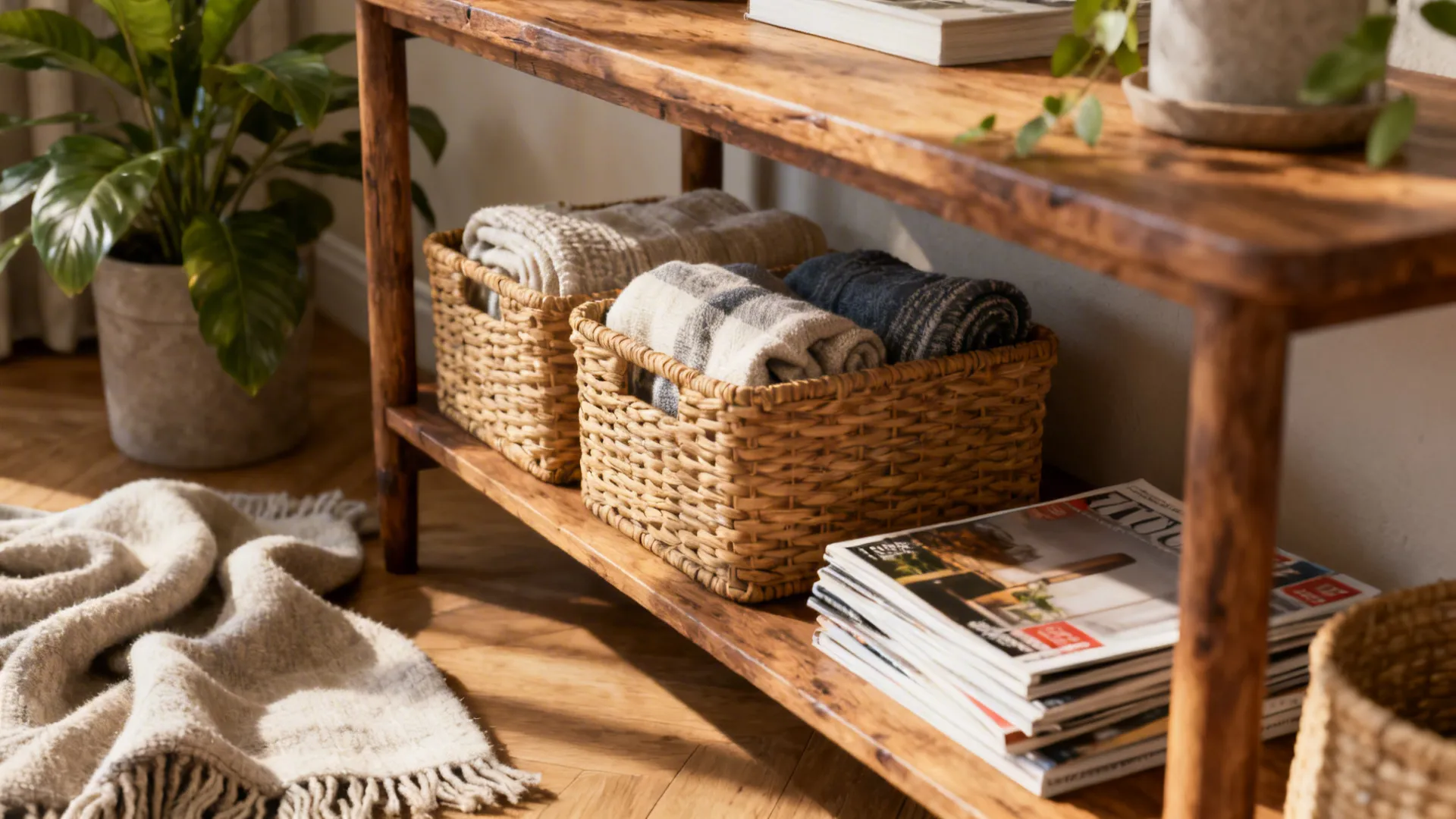 Two woven storage baskets holding folded blankets on a wooden shelf next to stacked magazines