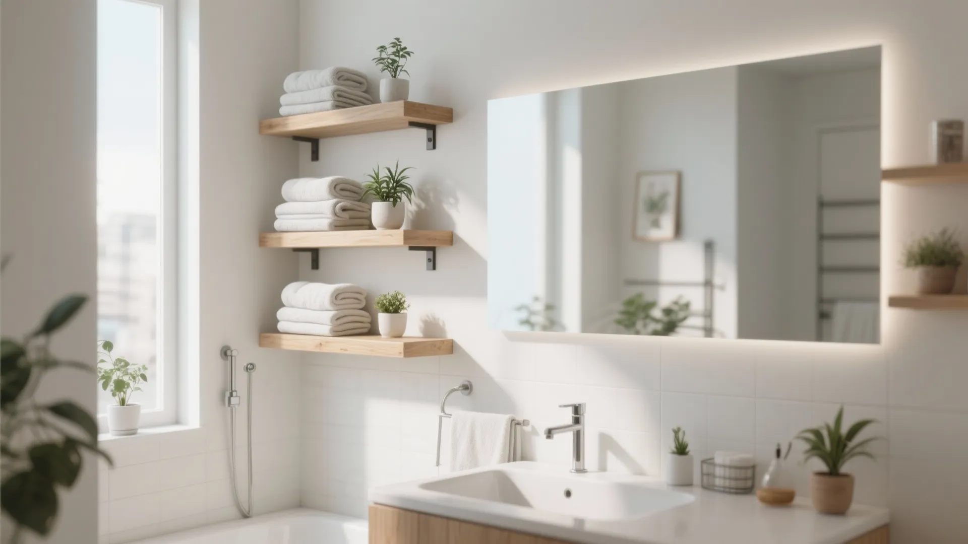 Modern white bathroom with wooden wall shelves holding towels and plants near a large mirror