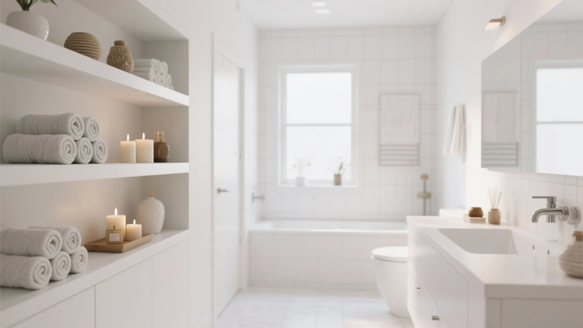 Modern white bathroom interior design with open shelving showing rolled towels and candles near bathtub