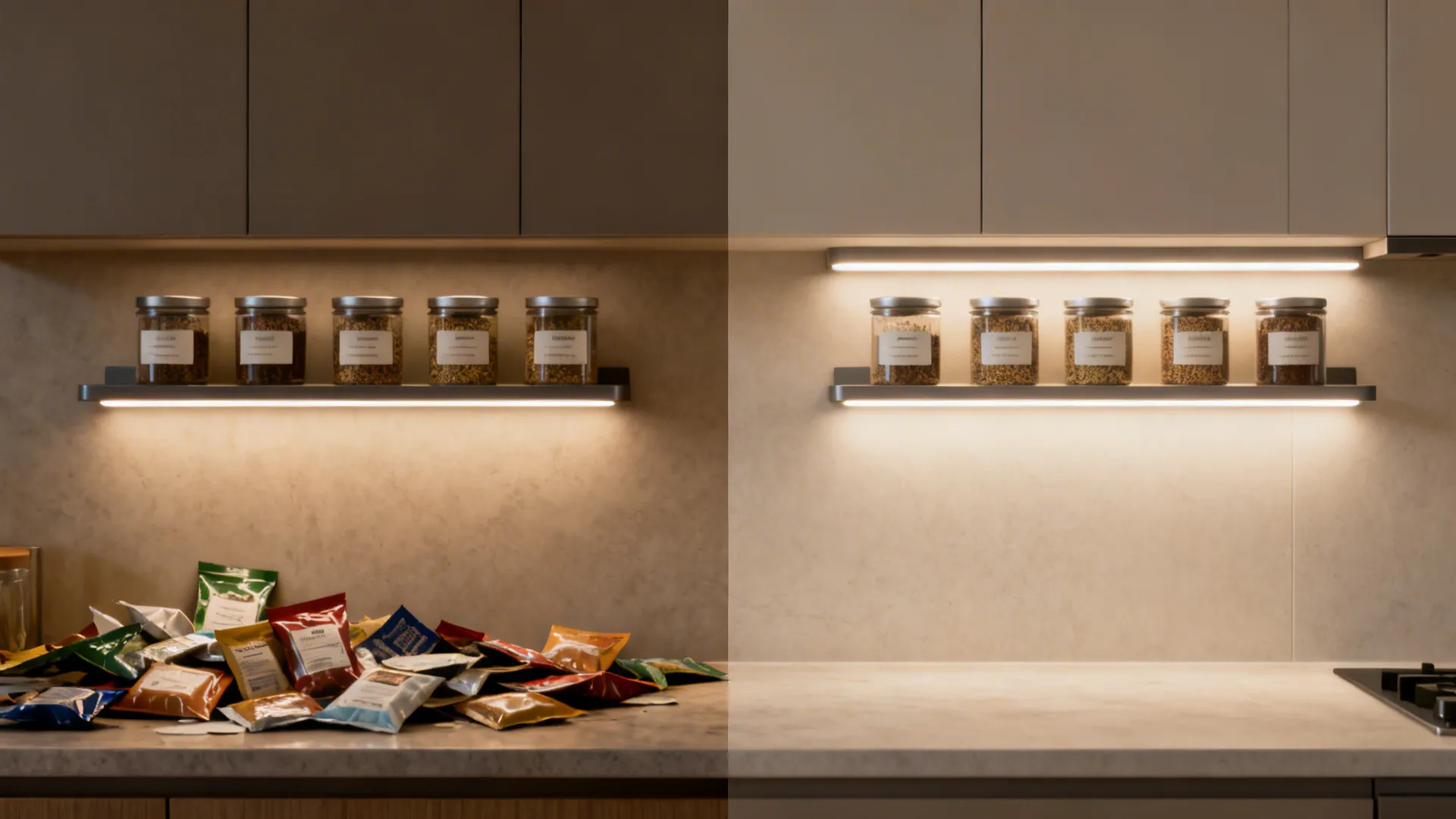 Before and after comparison showing messy kitchen counter versus organized space with wall shelves and light