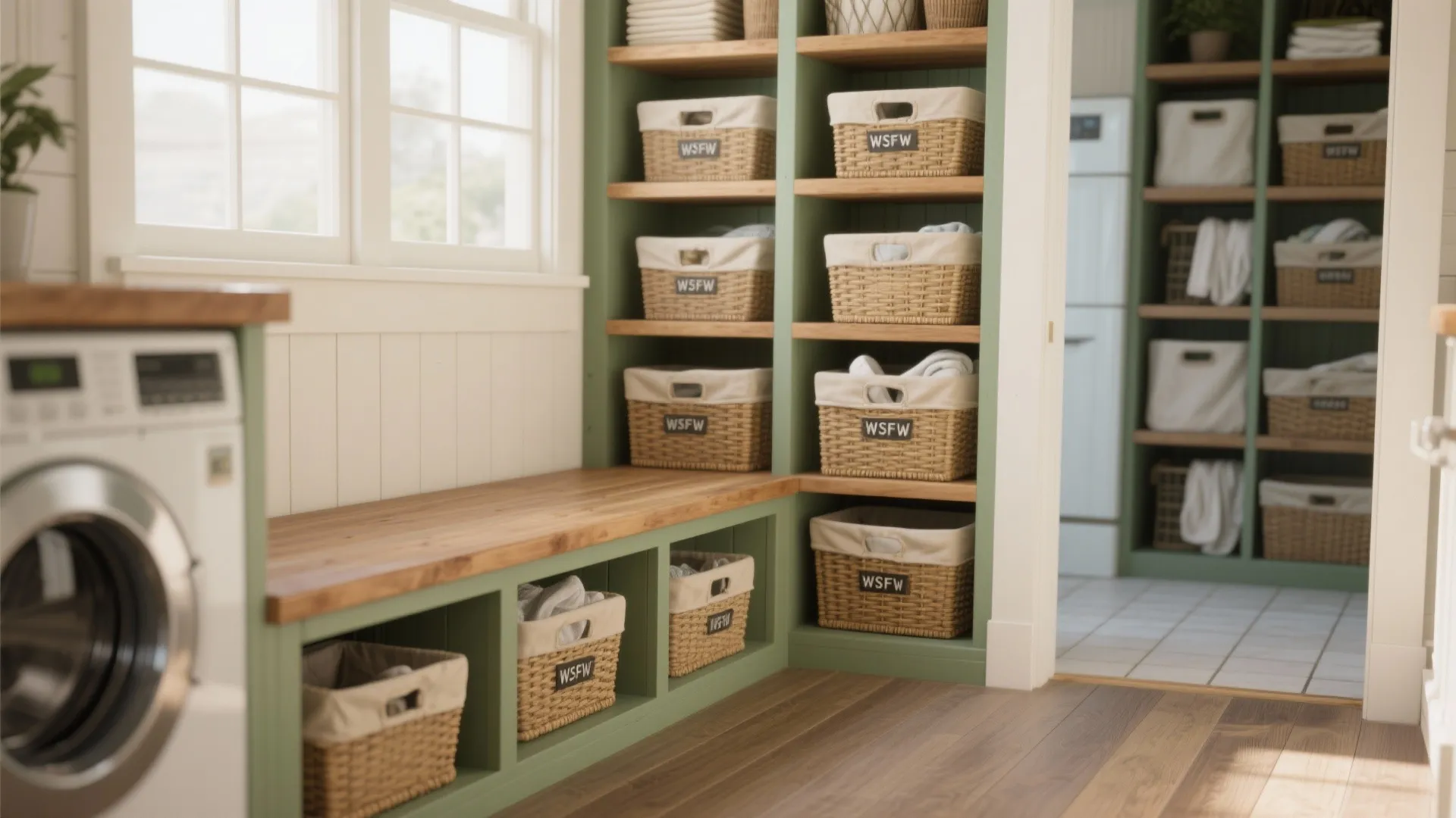 3. Open-shelf bench with baskets for modular storage